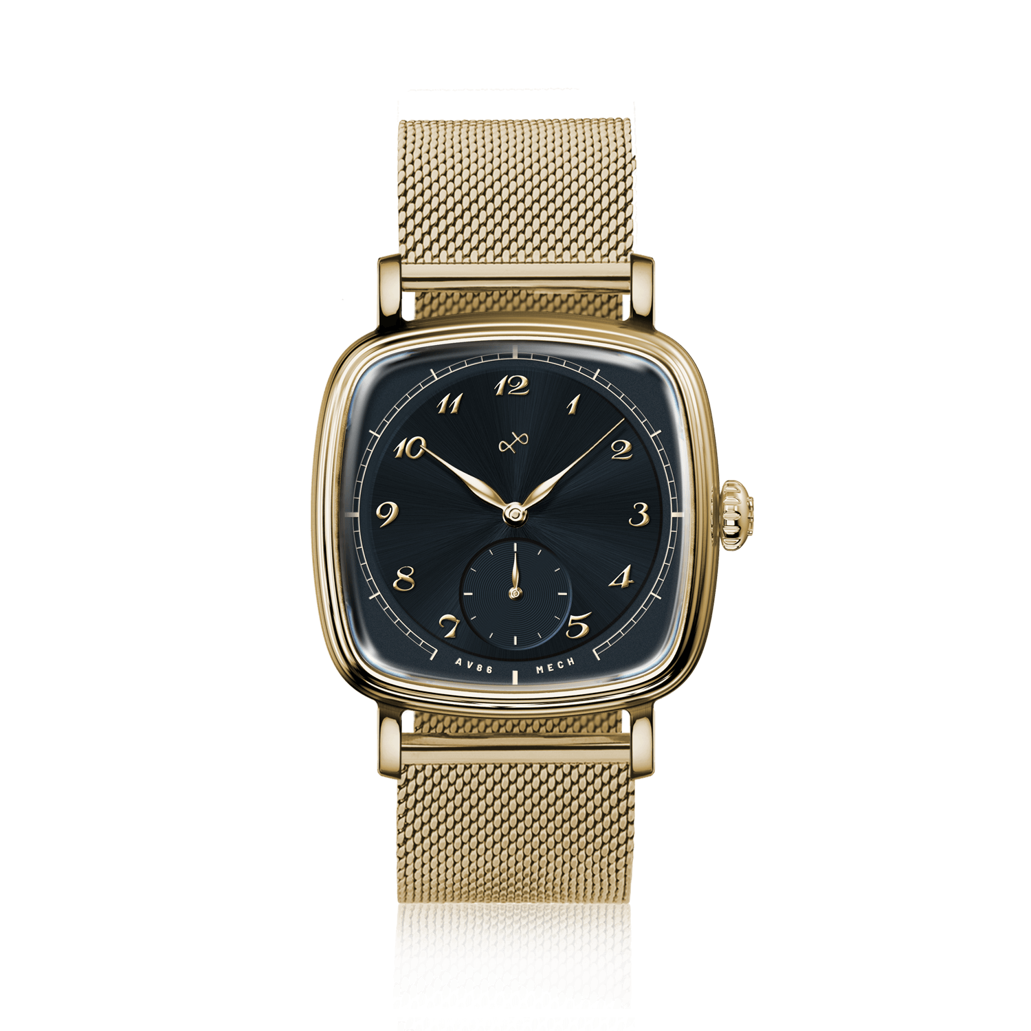 1954 Amalfi Mechanical by AV86 with square dial, automatic movement, sapphire crystal, and gold mesh bracelet luxury timepiece