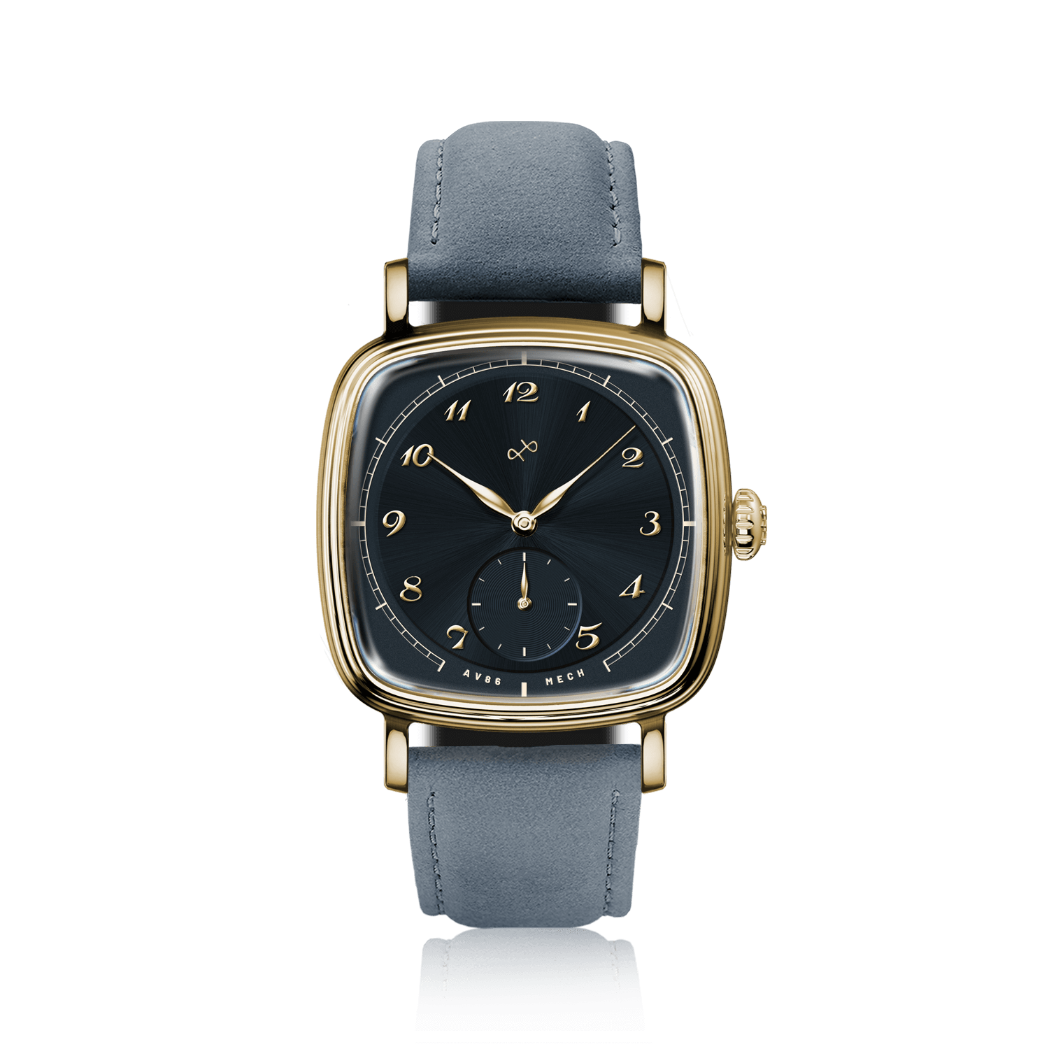 1954 Amalfi Mechanical by AV86, vintage-inspired dress watch with square gold case, black dial, Arabic numerals, and leather strap
