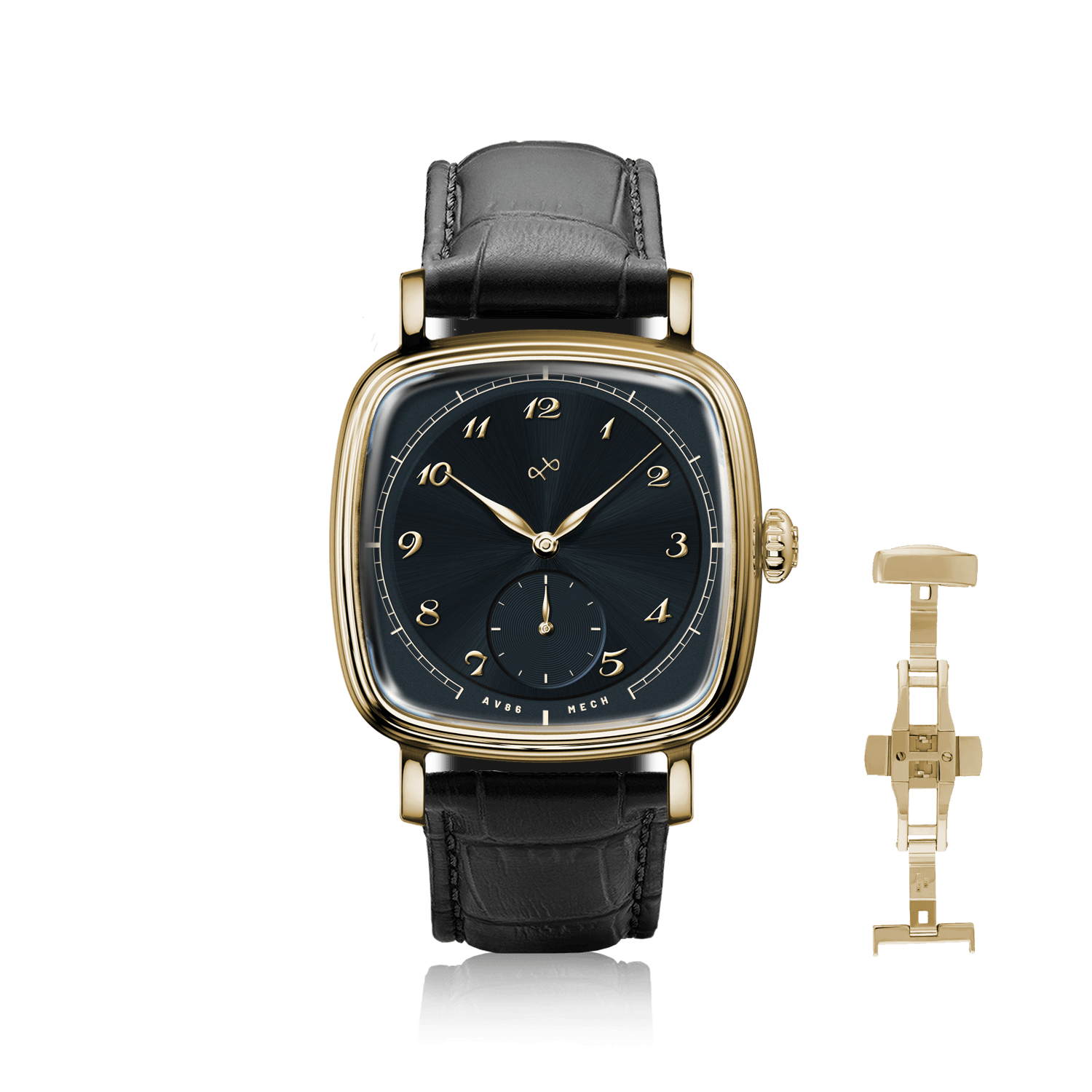 1954 Amalfi Mechanical by AV86, vintage-inspired dress watch with gold case, black dial, sapphire crystal, and leather strap.