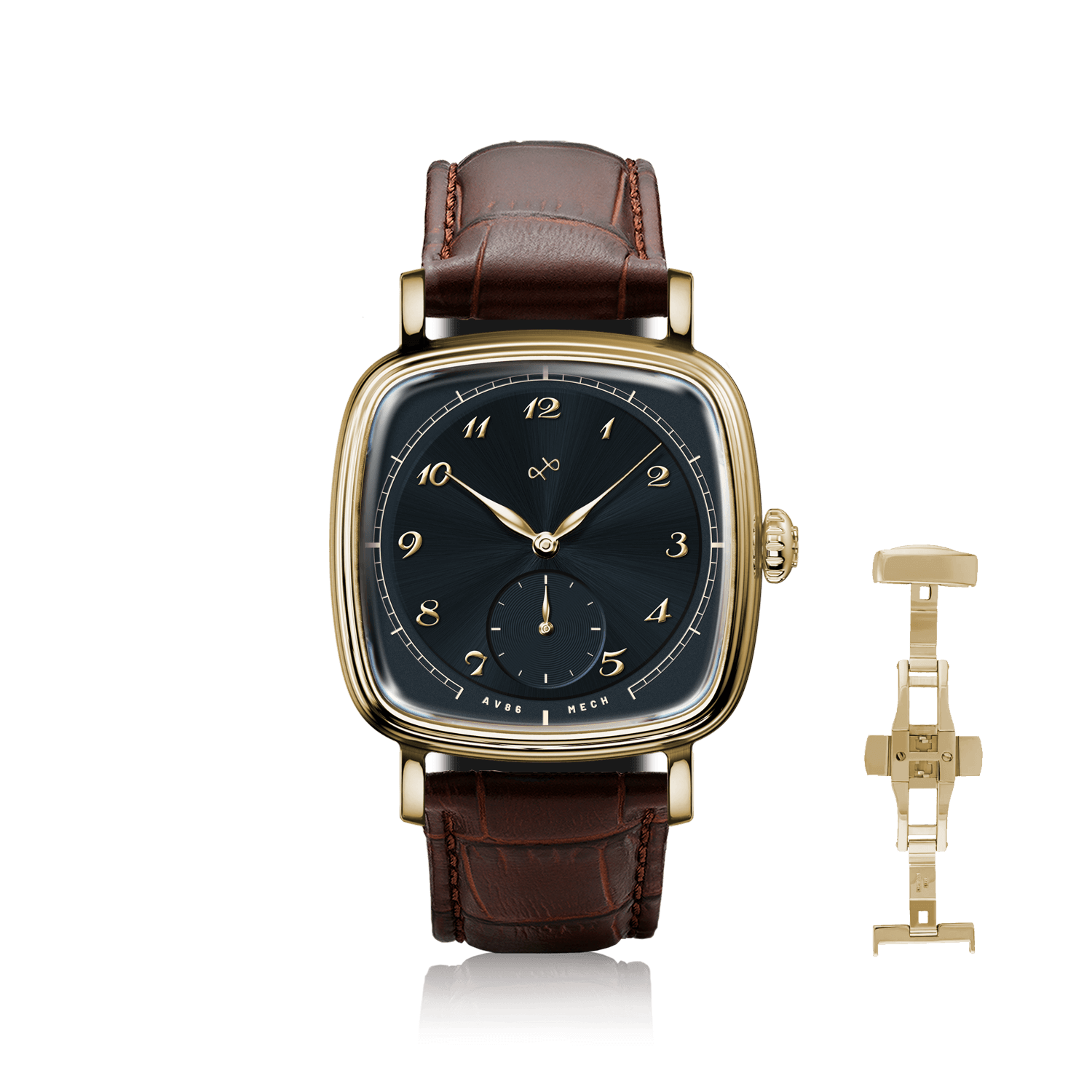 1954 Amalfi Mechanical by AV86 vintage-inspired dress watch with sapphire crystal, gold case, and brown leather strap luxury timepiece