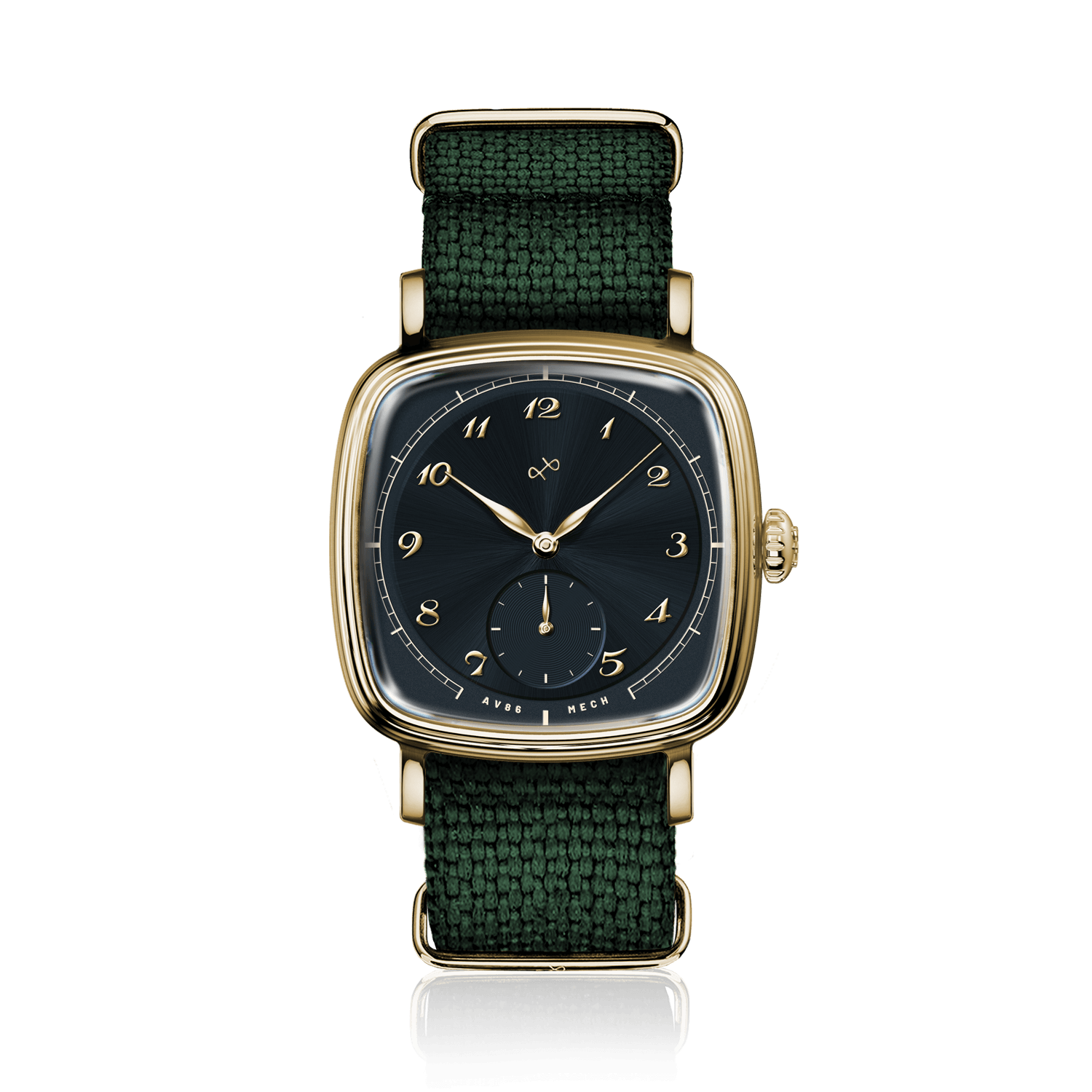 1954 Amalfi Mechanical by AV86, vintage-inspired automatic watch with gold case, black dial, Arabic numerals, and fabric strap