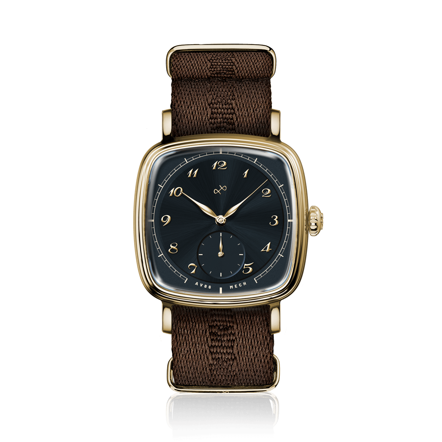 1954 Amalfi Mechanical by AV86 features a vintage-inspired mechanical dial with gold case, sapphire crystal, and a woven textile strap.