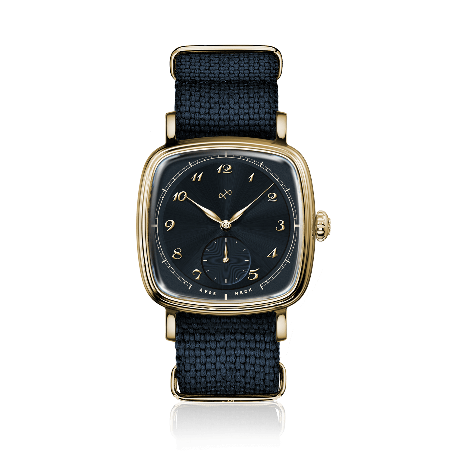 1954 Amalfi Mechanical, Gold / Midnight Blue by AV86 luxury mechanical dress watch with sapphire crystal, small seconds, and woven textile strap