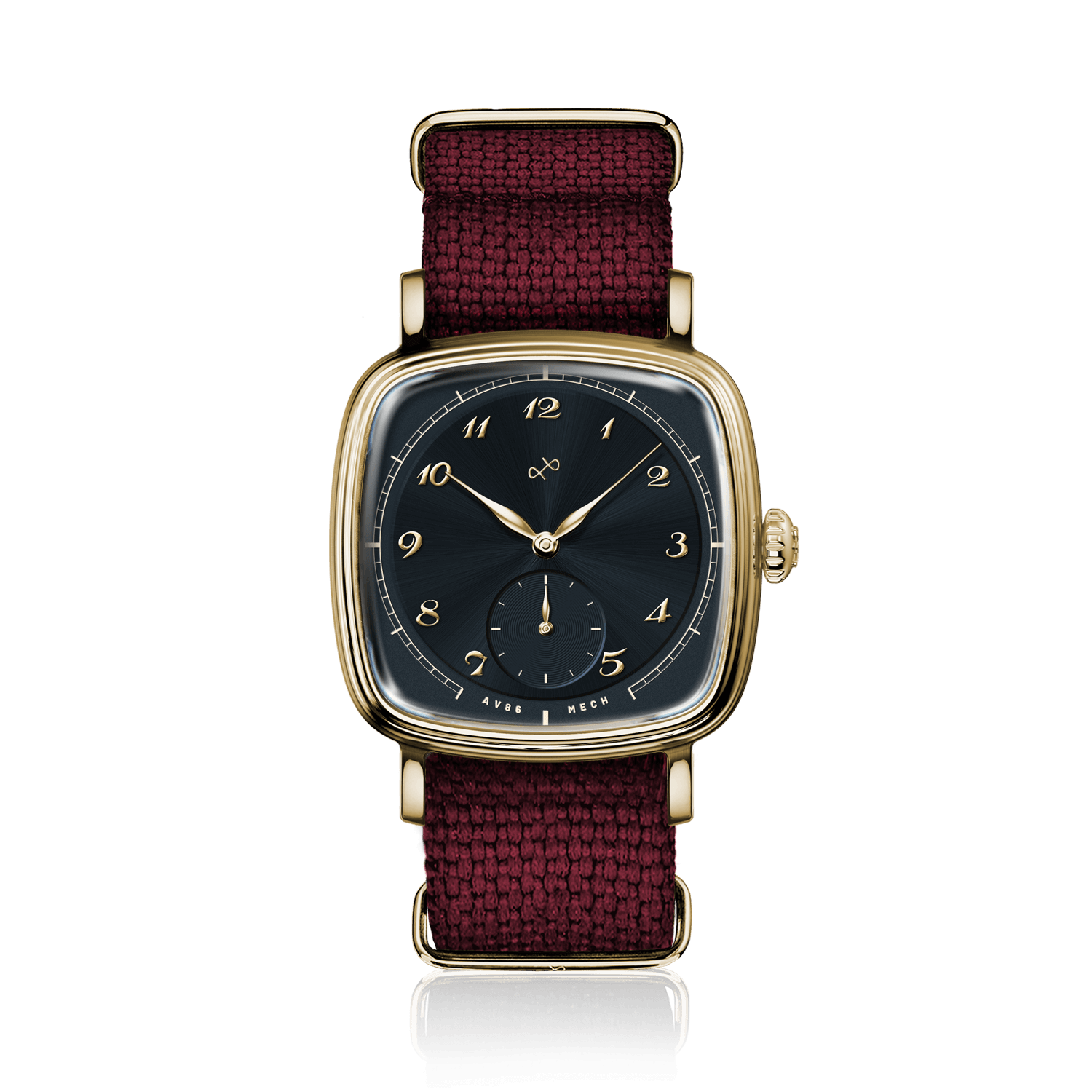 1954 Amalfi Mechanical by AV86, vintage-inspired mechanical watch with square gold case, black dial, and textured burgundy fabric strap
