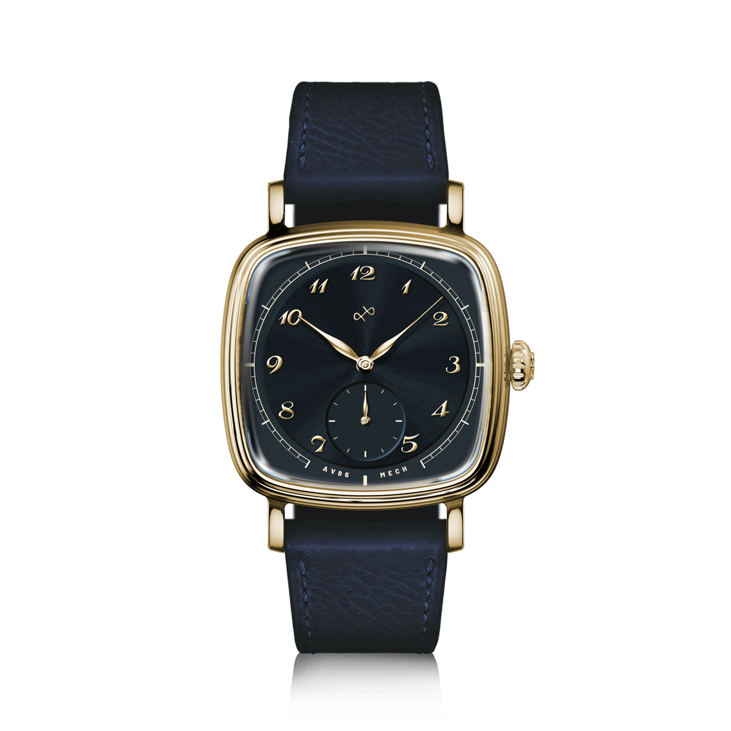 1954 Amalfi Mechanical, Gold / Midnight Blue by AV86 luxury dress watch with cushion case, mechanical small seconds, sapphire crystal, and leather strap