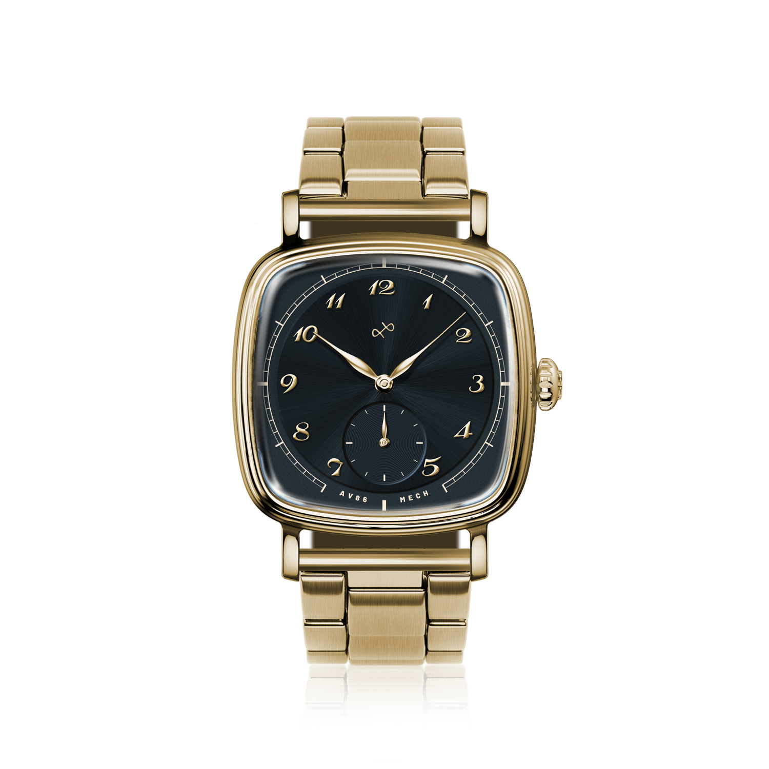 1954 Amalfi Mechanical by AV86 featuring vintage-inspired automatic watch with gold stainless steel bracelet and black dial chronograph design