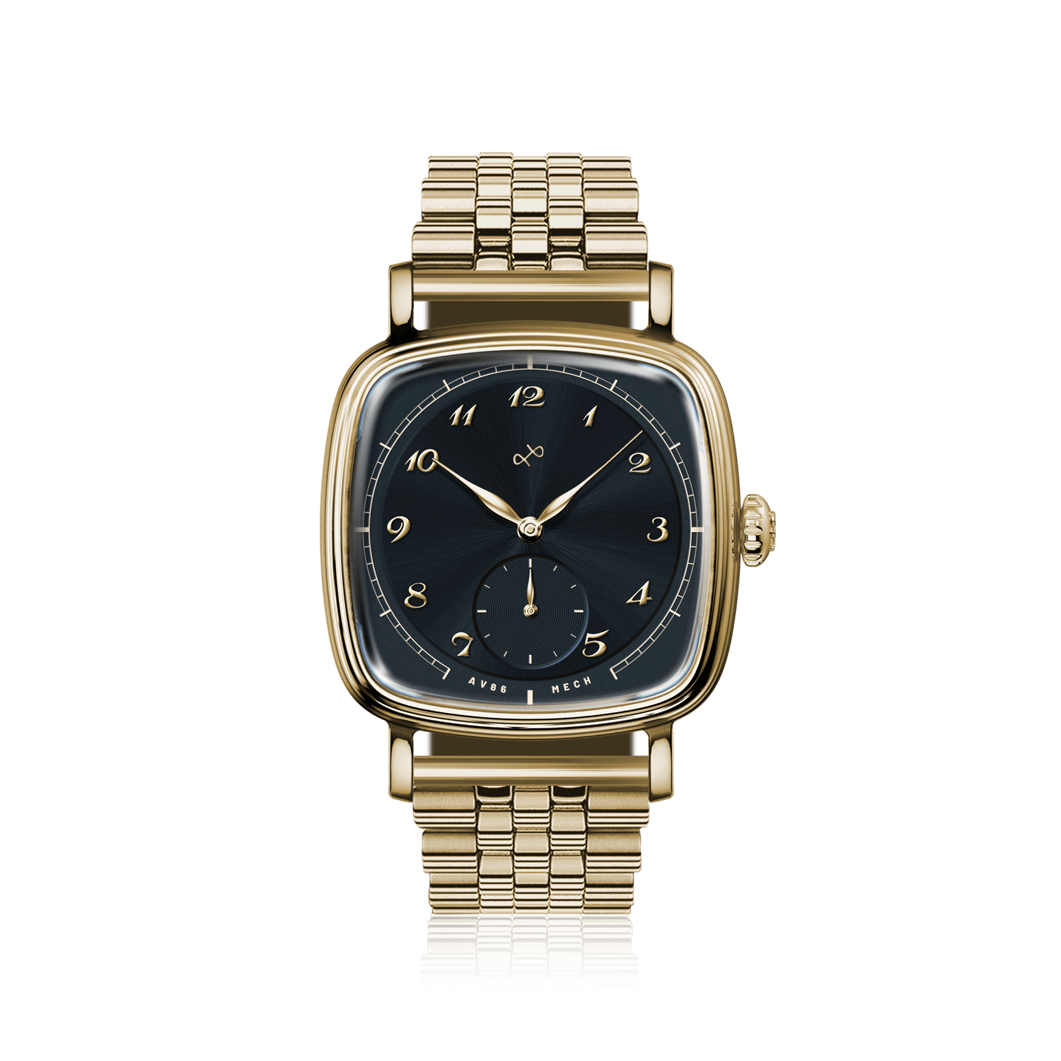 1954 Amalfi Mechanical by AV86, vintage-inspired automatic watch with sapphire crystal, gold case, and gold metal bracelet strap
