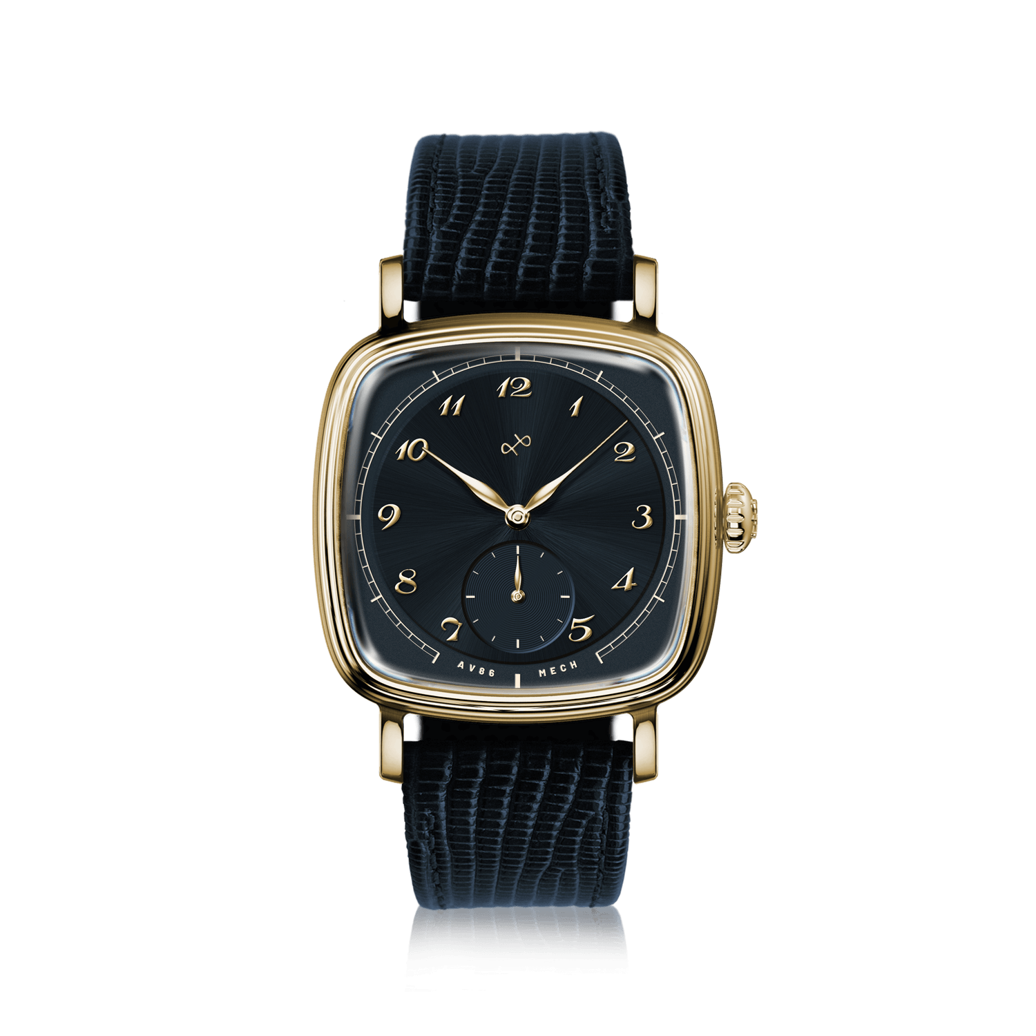 1954 Amalfi Mechanical, Gold / Midnight Blue by AV86 luxury dress watch with polished gold case, mechanical movement, small seconds, textured leather strap