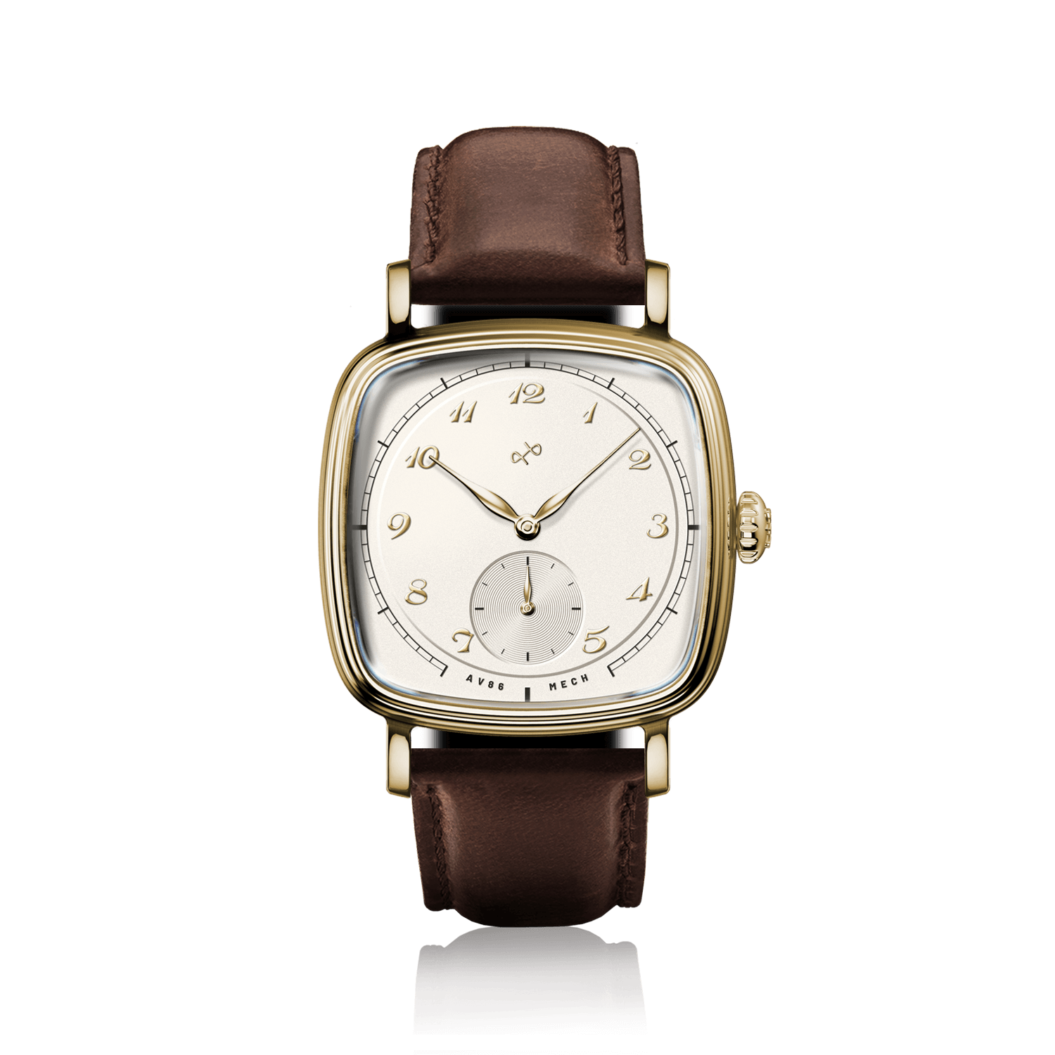 1954 Amalfi Mechanical by AV86 with polished cushion case, vintage off-white dial, small seconds, sapphire crystal, and brown leather strap