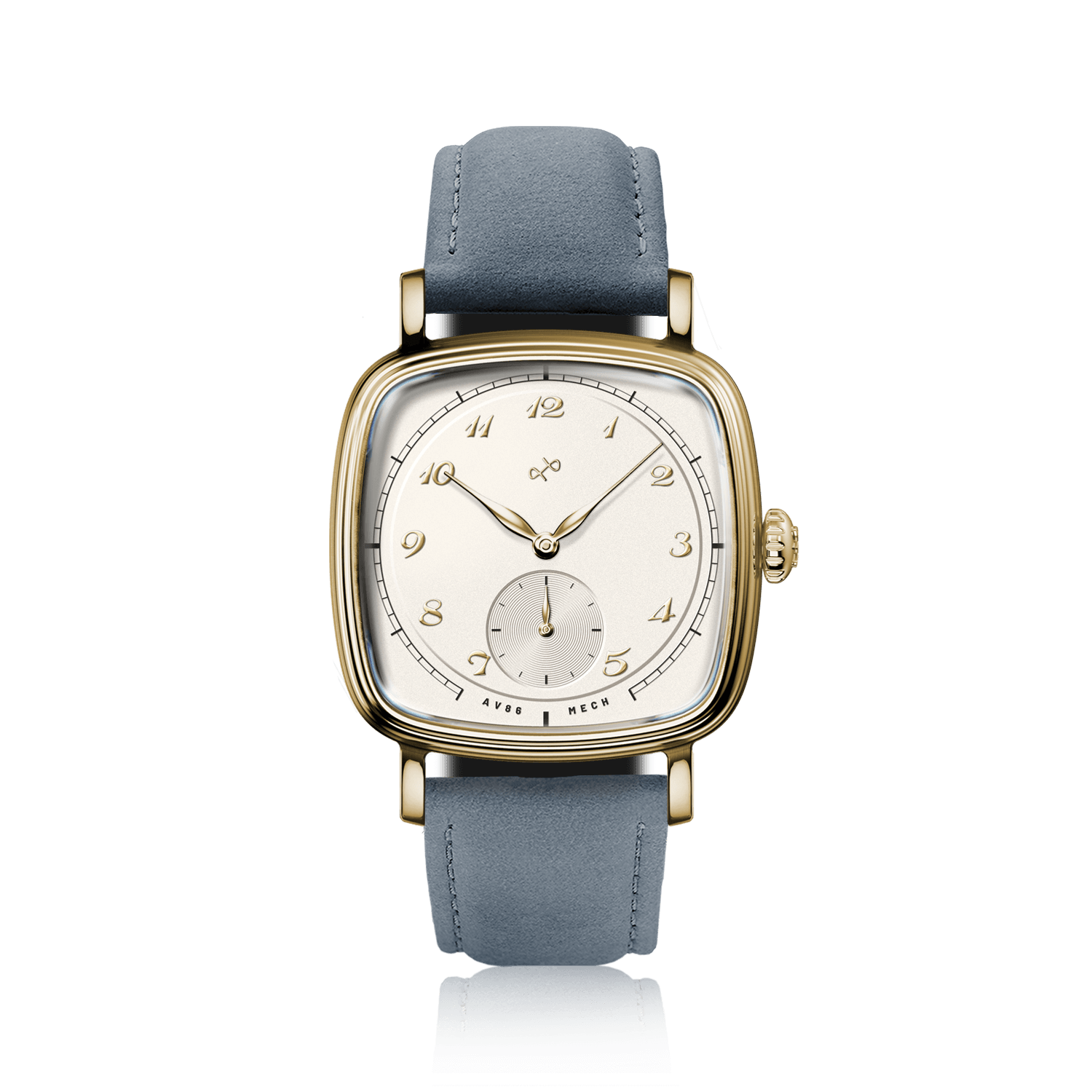 1954 Amalfi Mechanical by AV86 luxury dress watch with polished cushion case, vintage dial, small seconds, sapphire crystal, leather strap