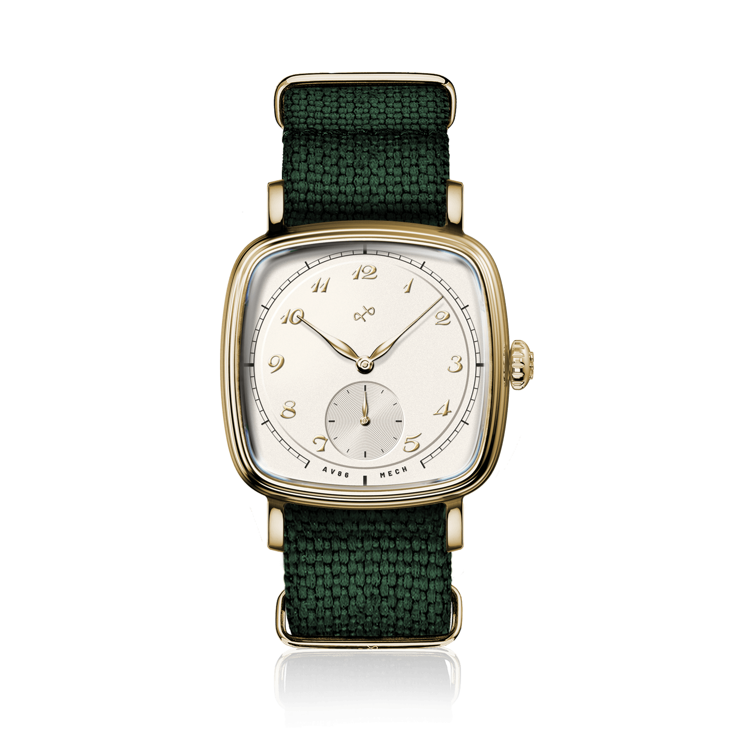 1954 Amalfi Mechanical, Gold / Off White by AV86 luxury dress watch with polished gold cushion case, vintage dial, small seconds, green fabric strap