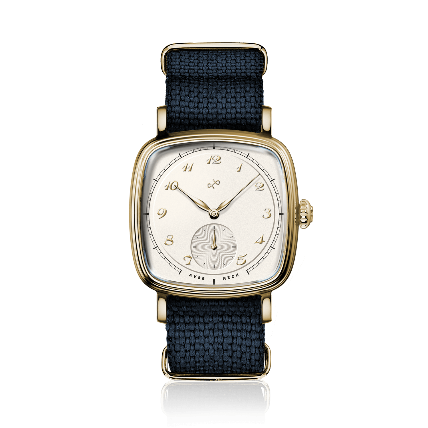 1954 Amalfi Mechanical by AV86 luxury dress watch with polished gold cushion case, small seconds, vintage dial, navy woven textile strap