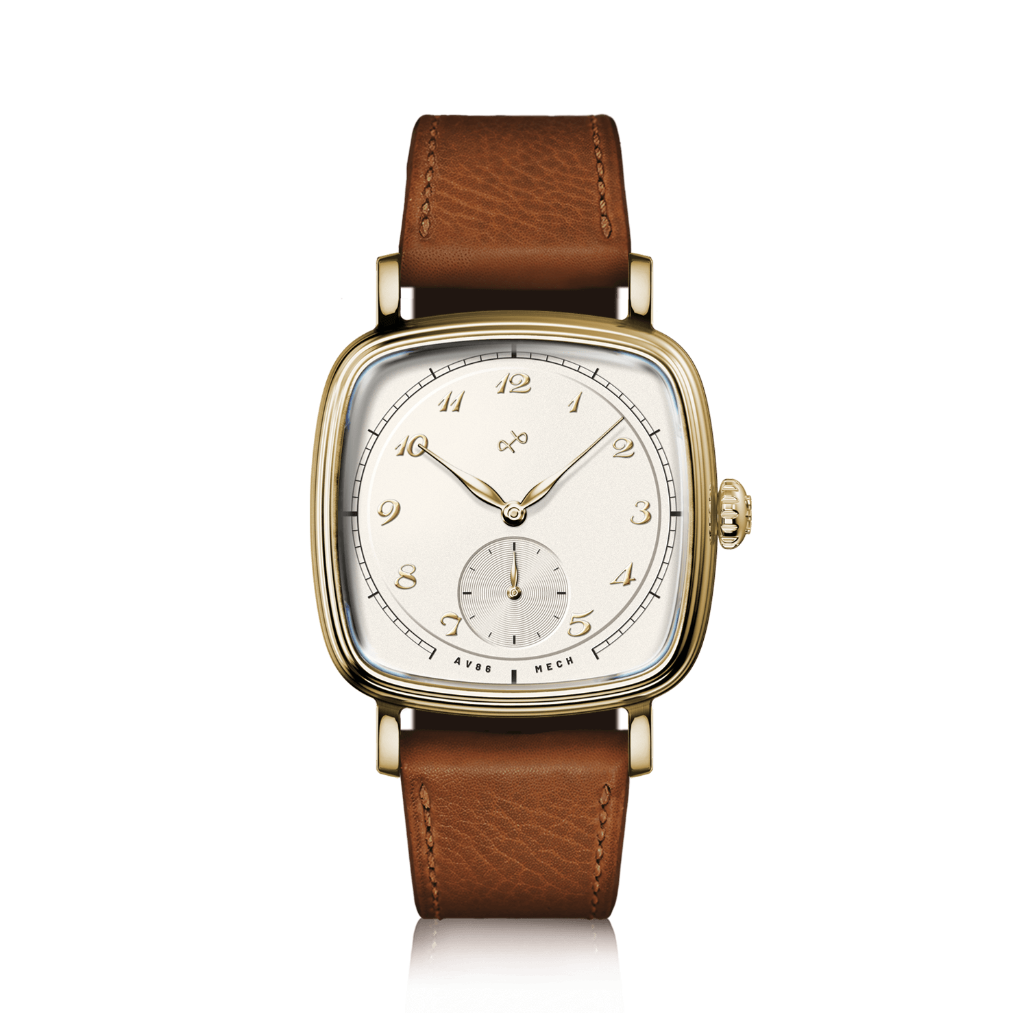 1954 Amalfi Mechanical, Gold / Off White by AV86 luxury dress watch with polished gold cushion case, mechanical movement, leather strap