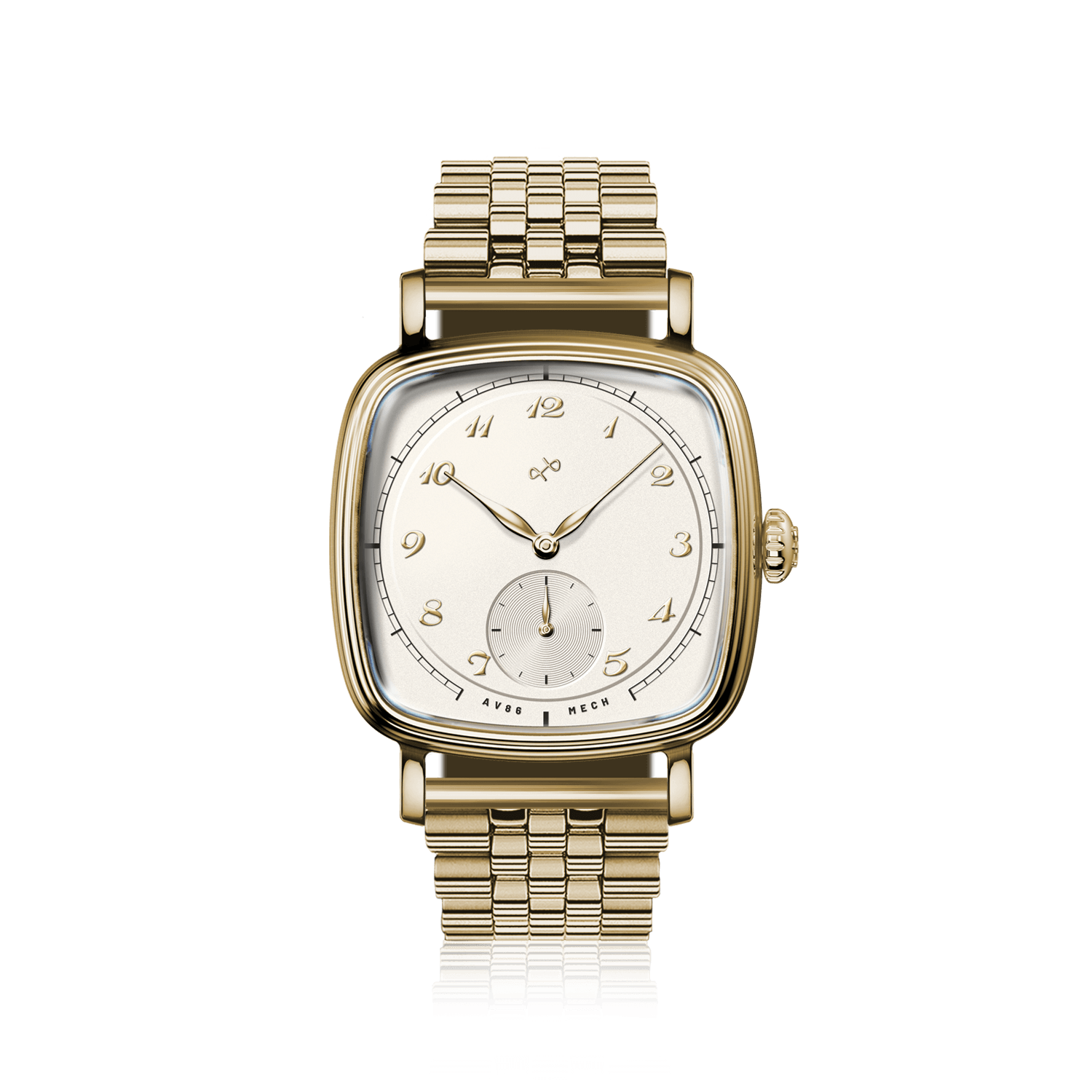 1954 Amalfi Mechanical by AV86, vintage-inspired luxury timepiece with square case, mechanical movement, and metal link bracelet