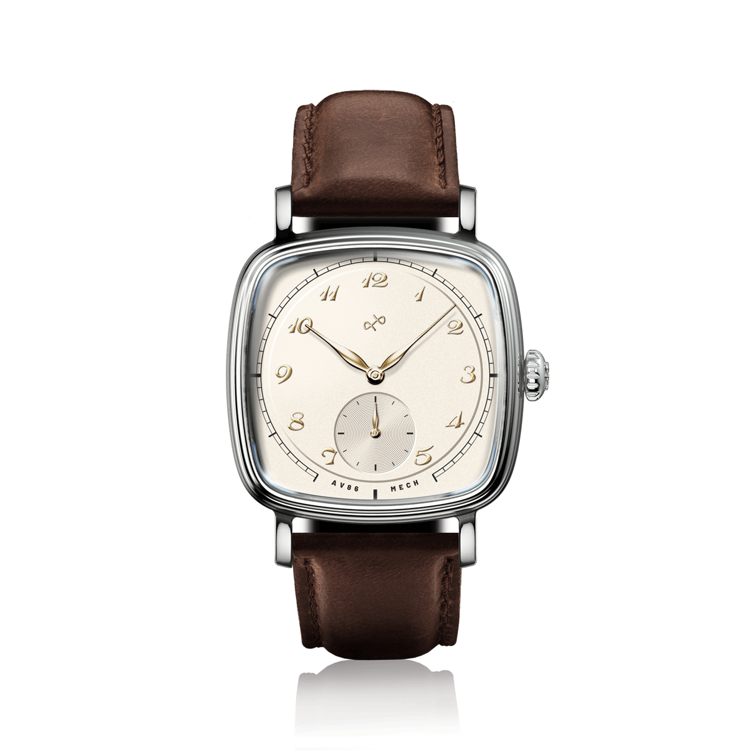 1954 Amalfi Mechanical, Steel / Off White by AV86, vintage-inspired watch with off-white dial and dark brown leather strap.