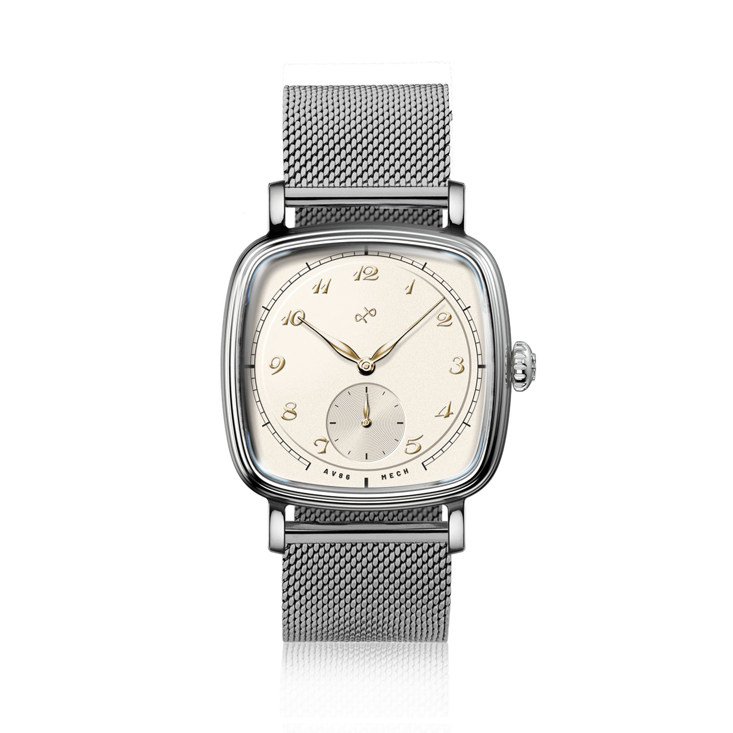 1954 Amalfi Mechanical, Steel / Off White by AV86, vintage-inspired luxury watch with mesh steel band and off-white dial