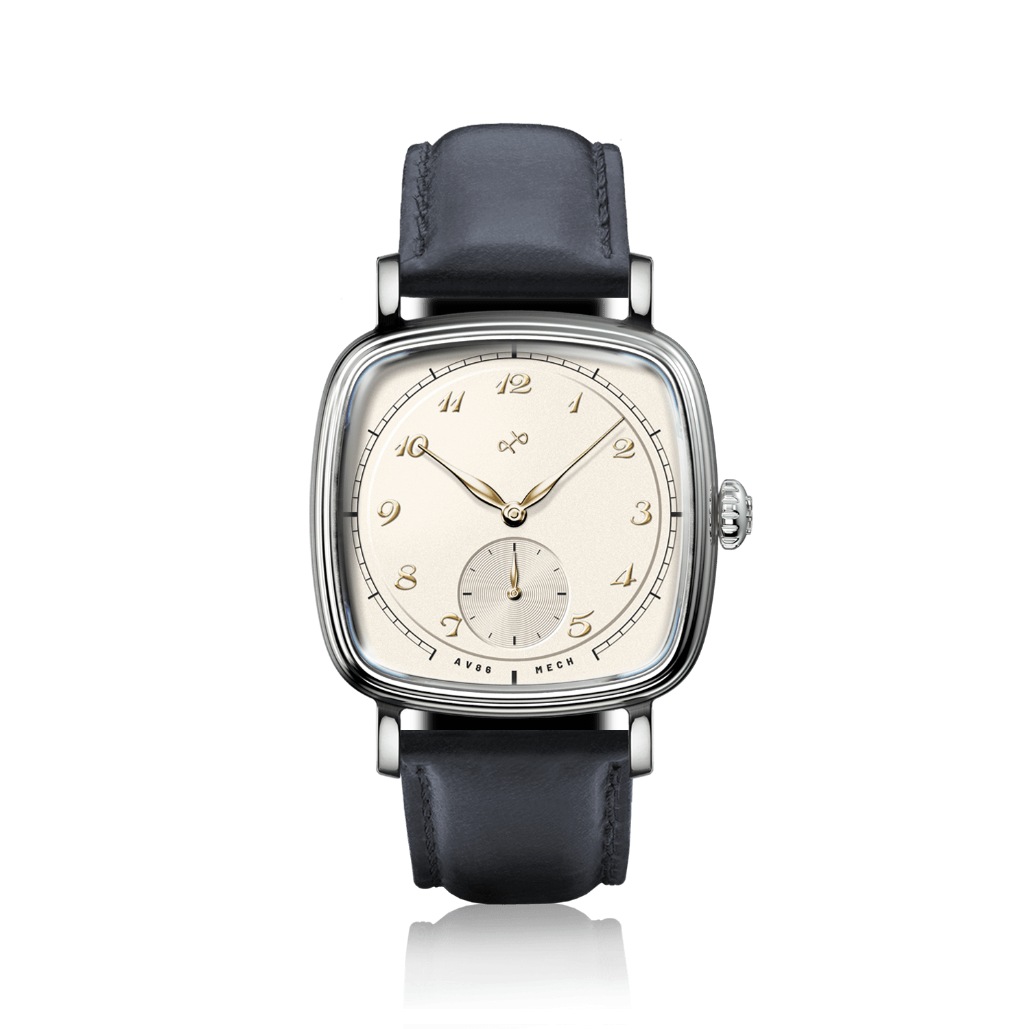 1954 Amalfi Mechanical, Steel / Off White watch by AV86 with dark blue leather strap and vintage-inspired design.