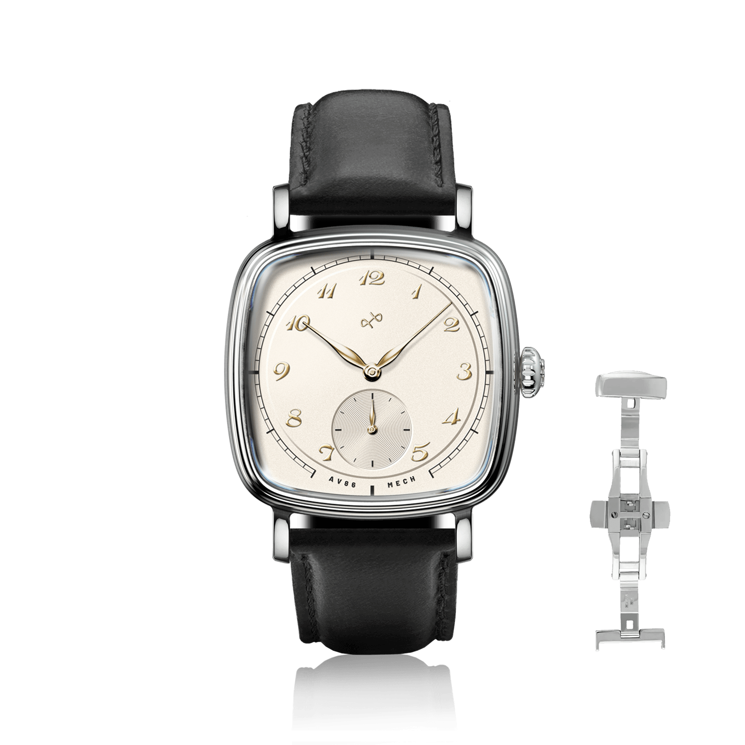 1954 Amalfi Mechanical, Steel / Off White by AV86 with polished steel case, off white dial, and black leather strap clasp detail.