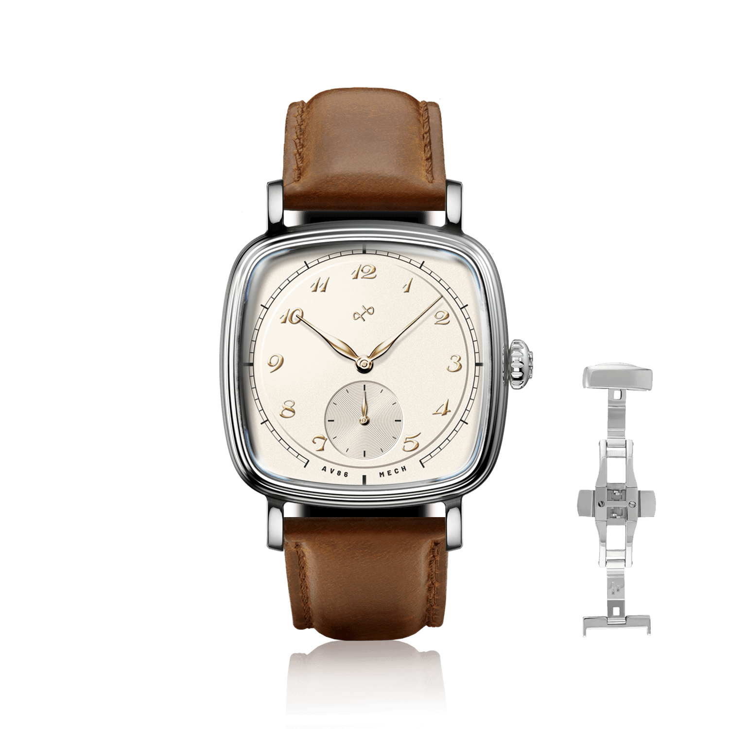 1954 Amalfi Mechanical, Steel / Off White by AV86, vintage-inspired watch with off-white dial and brown leather strap.