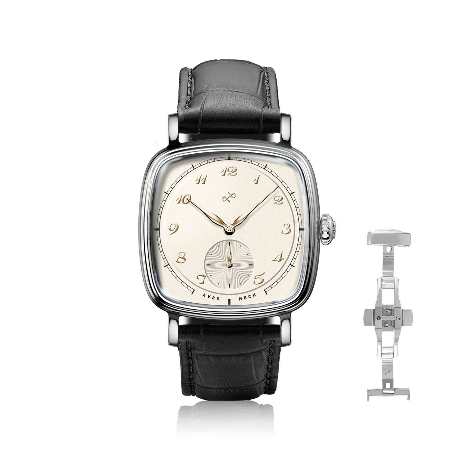 1954 Amalfi Mechanical, Steel / Off White by AV86, vintage-inspired watch with steel case and black leather strap detailing.