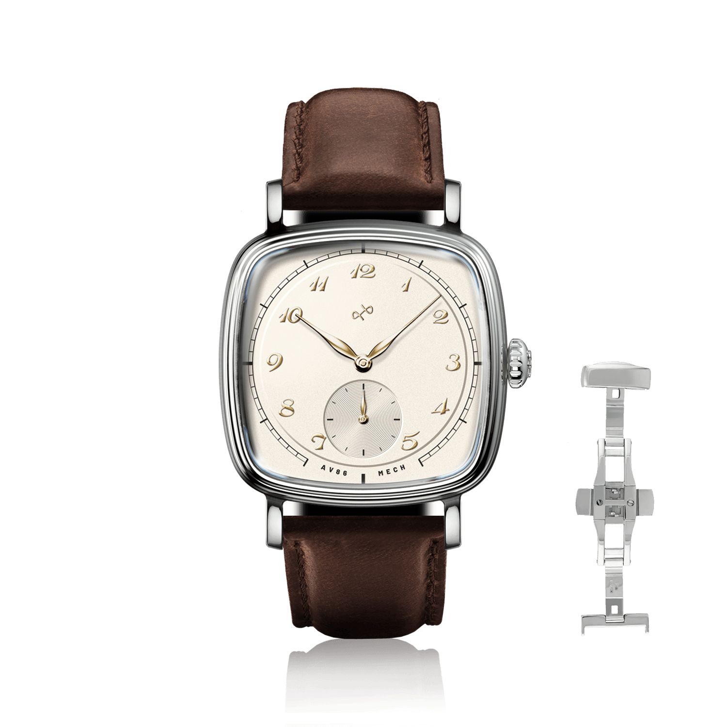 1954 Amalfi Mechanical, Steel / Off White by AV86, luxury vintage-inspired watch with off-white dial and dark brown leather strap