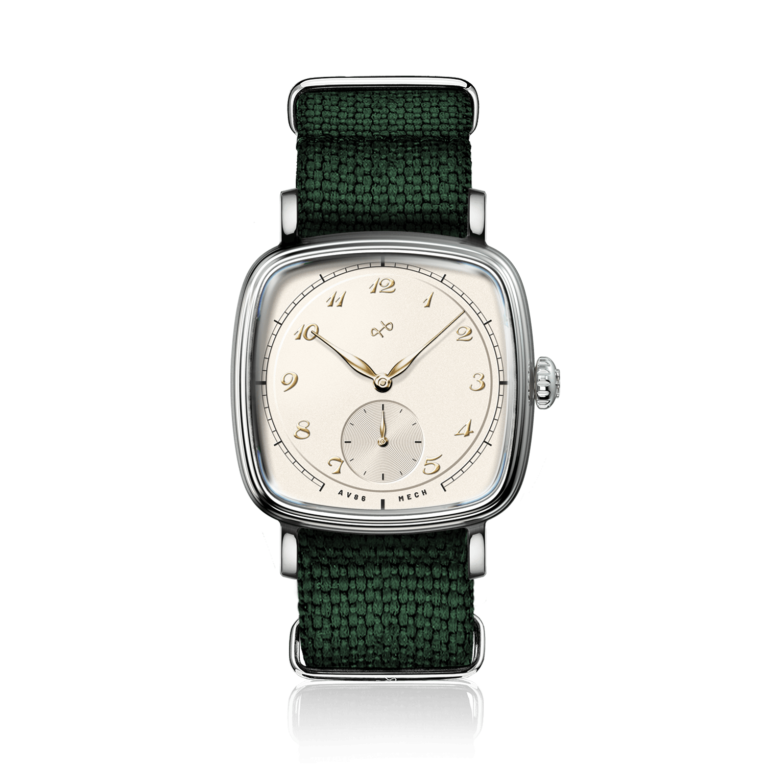 1954 Amalfi Mechanical, Steel / Off White by AV86 with vintage-inspired dial and green woven NATO strap, handcrafted luxury timepiece.