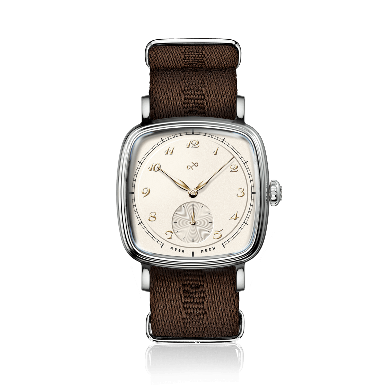 1954 Amalfi Mechanical, Steel / Off White by AV86, vintage-inspired watch with steel case and off white dial on brown NATO strap