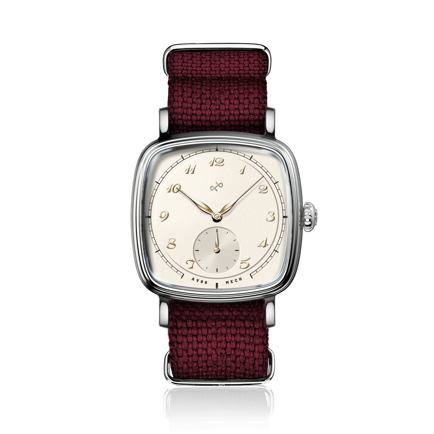 1954 Amalfi Mechanical, Steel / Off White vintage-inspired watch by AV86 with a square steel case and burgundy NATO strap
