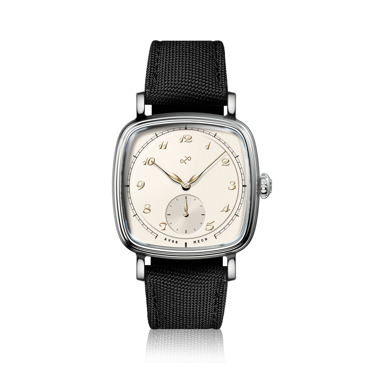 1954 Amalfi Mechanical, Steel / Off White by AV86, vintage-inspired watch with steel case and black textile strap.