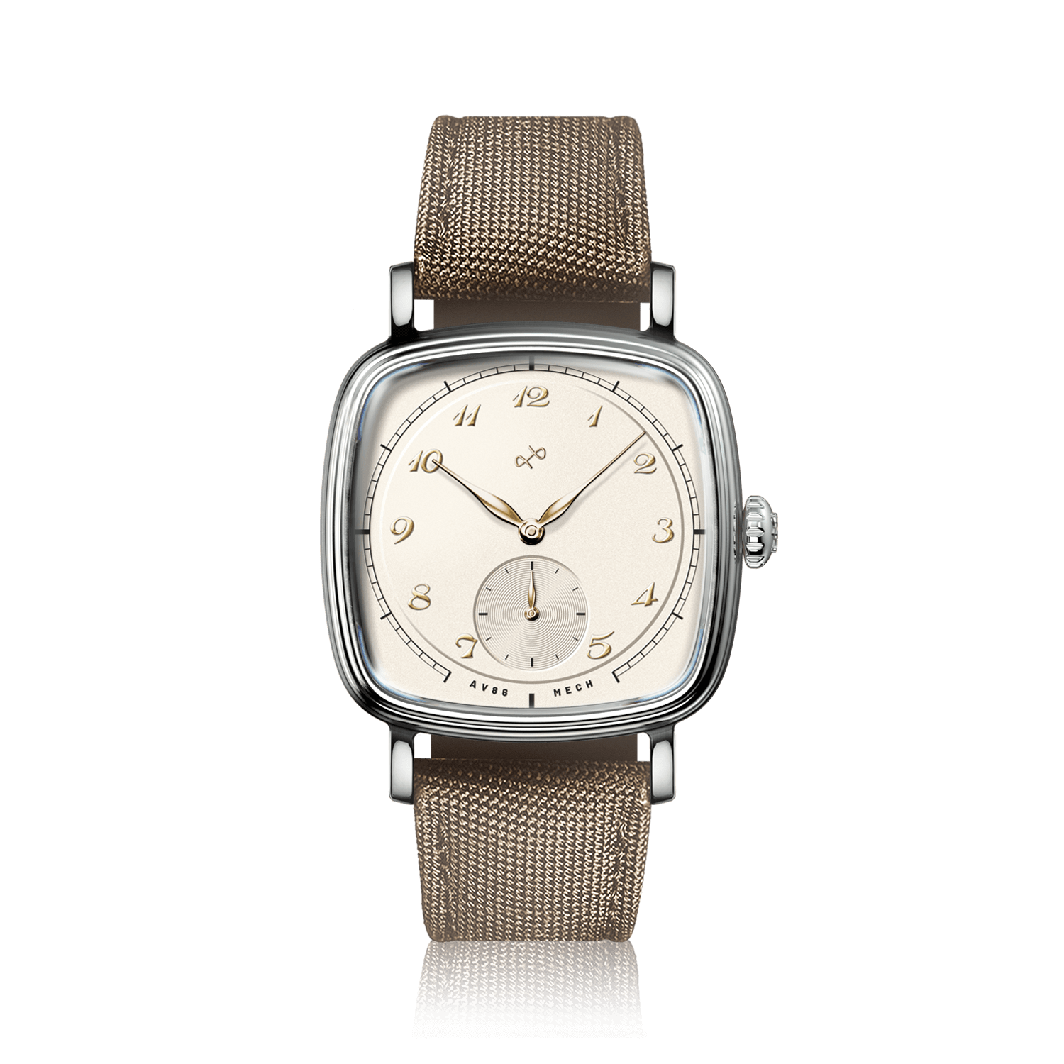 1954 Amalfi Mechanical, Steel / Off White watch by AV86 with vintage-inspired design and khaki textile strap.