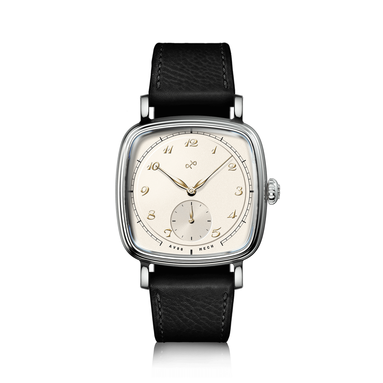 1954 Amalfi Mechanical, Steel / Off White by AV86, vintage-inspired watch with black leather strap and minimalist dial design