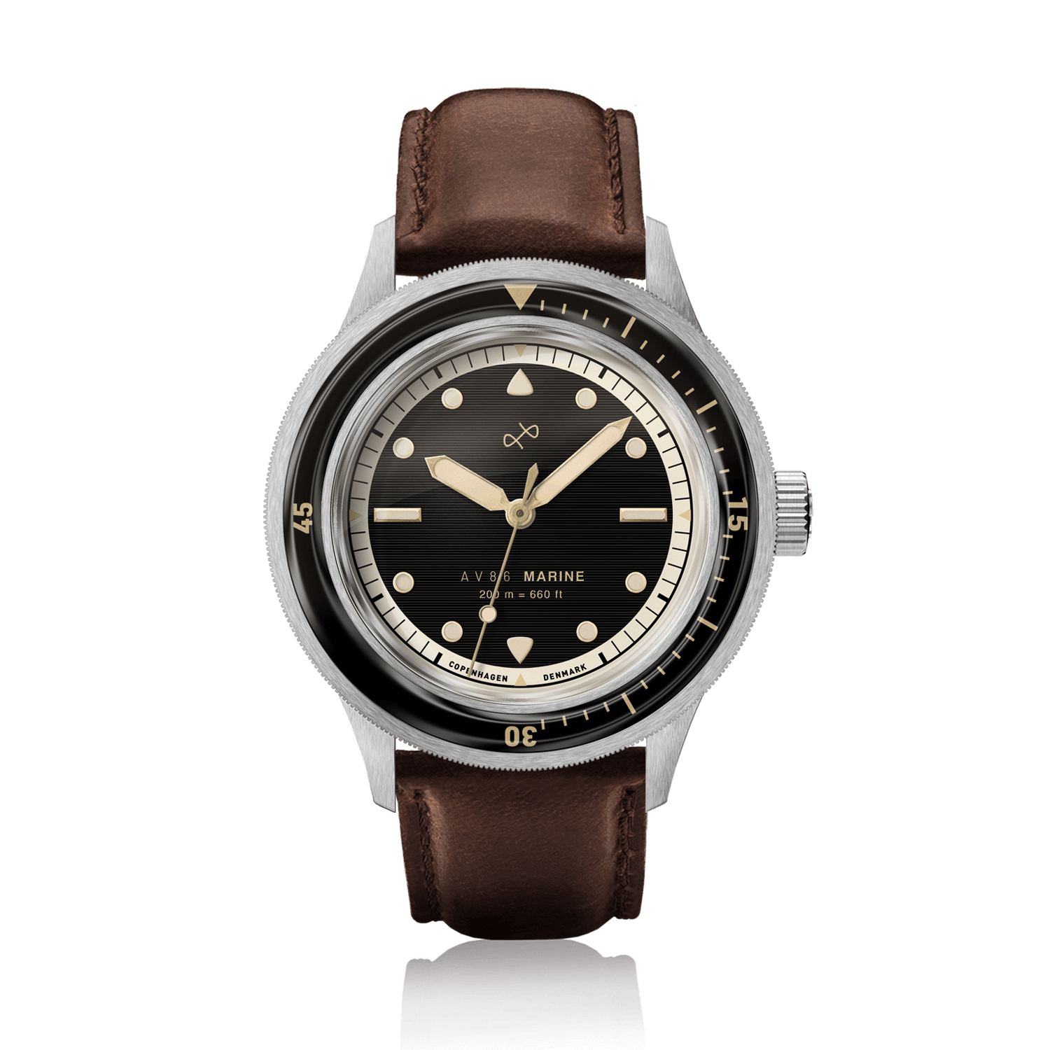 1956 Marine by AV86 vintage-inspired diver with sapphire crystal, rotating bezel, domed dial, and brown leather strap