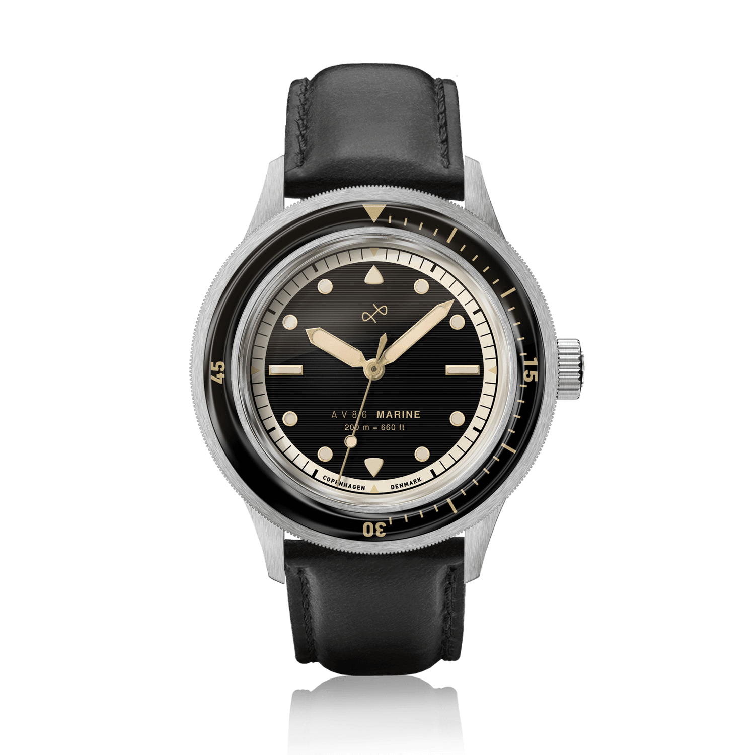 1956 Marine by AV86 vintage-inspired diver with sapphire crystal, rotating bezel, and black leather strap reflecting Nordic minimalism