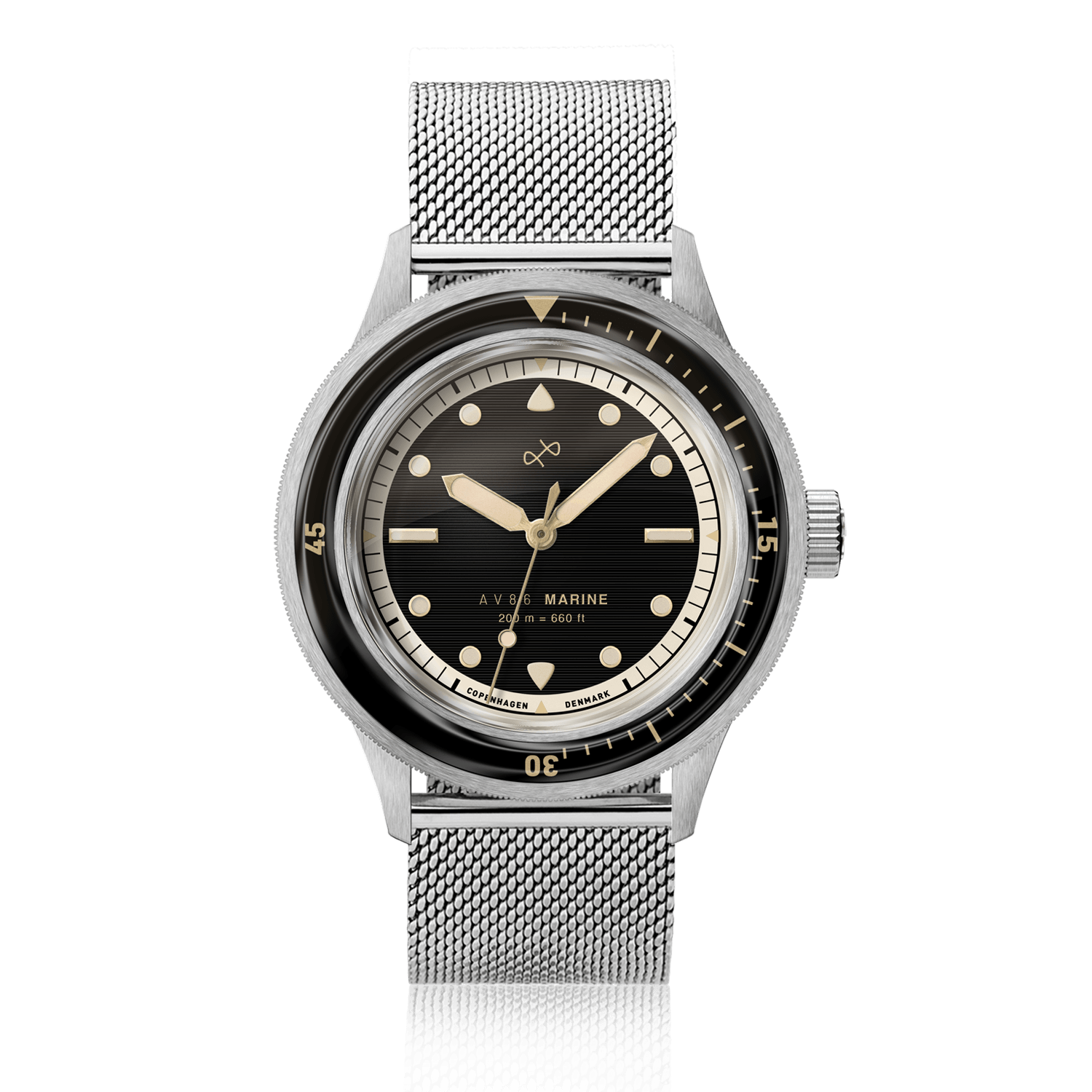1956 Marine by AV86 vintage-inspired diver with sapphire crystal, rotating bezel, and stainless steel mesh strap
