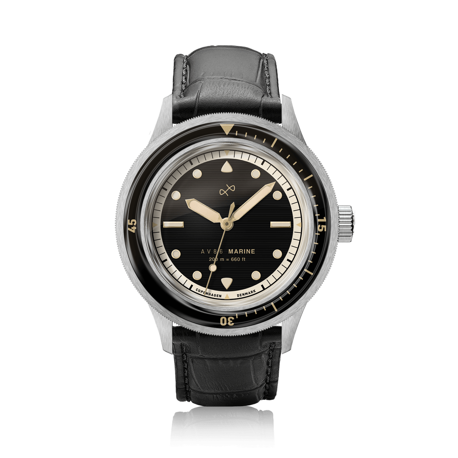 1956 Marine by AV86 vintage-inspired diver with black dial, sapphire crystal, rotating bezel, and black leather strap