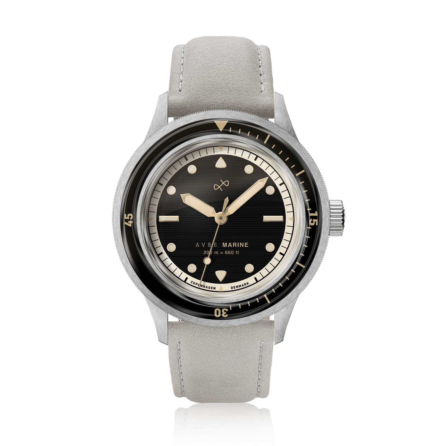 1956 Marine by AV86 vintage-inspired diver watch with sapphire crystal, rotating bezel, and light leather strap