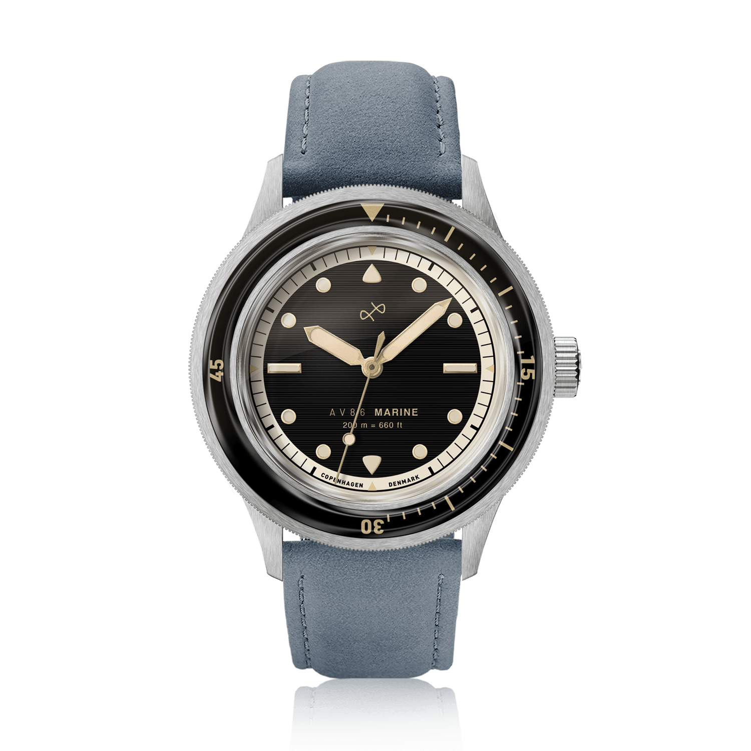 1956 Marine by AV86 vintage-inspired diver watch with sapphire crystal, rotating bezel, matte dial, and leather strap
