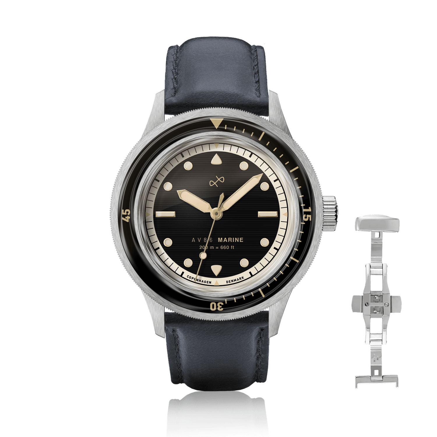 1956 Marine by AV86 vintage-inspired diver with sapphire crystal, rotating bezel, and black leather strap with deployant clasp