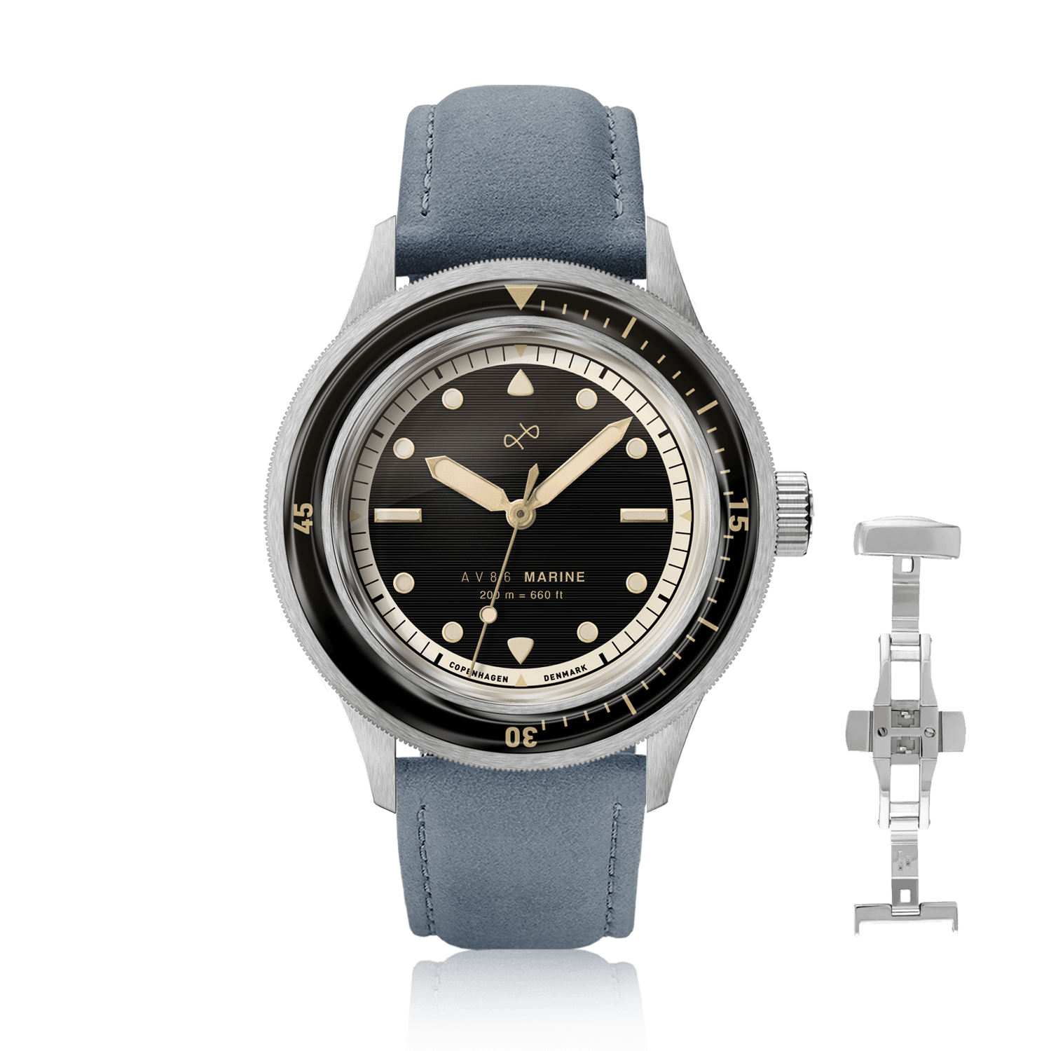 1956 Marine by AV86 vintage-inspired diver with sapphire crystal, compass bezel, black gilt dial, and grey leather strap
