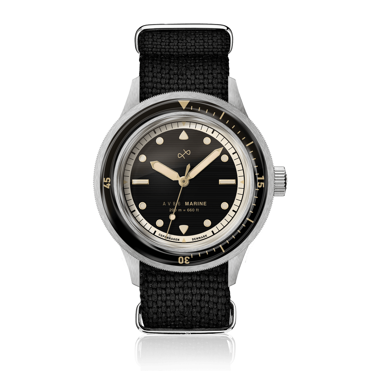 1956 Marine by AV86 vintage-inspired diver with sapphire crystal, black dial, rotating bezel, and black textured fabric strap