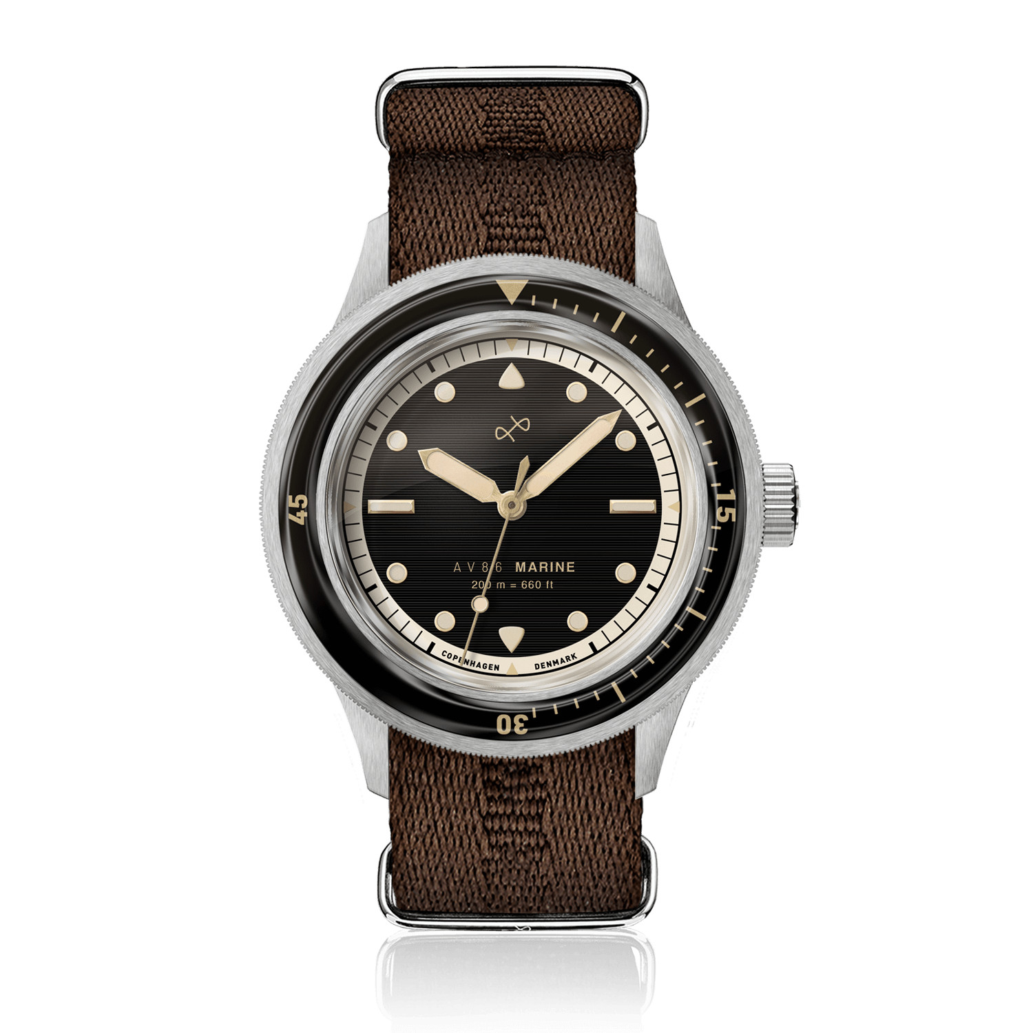 1956 Marine by AV86 vintage-inspired diver with domed sapphire crystal, black gilt dial, rotating bezel, and brown fabric strap