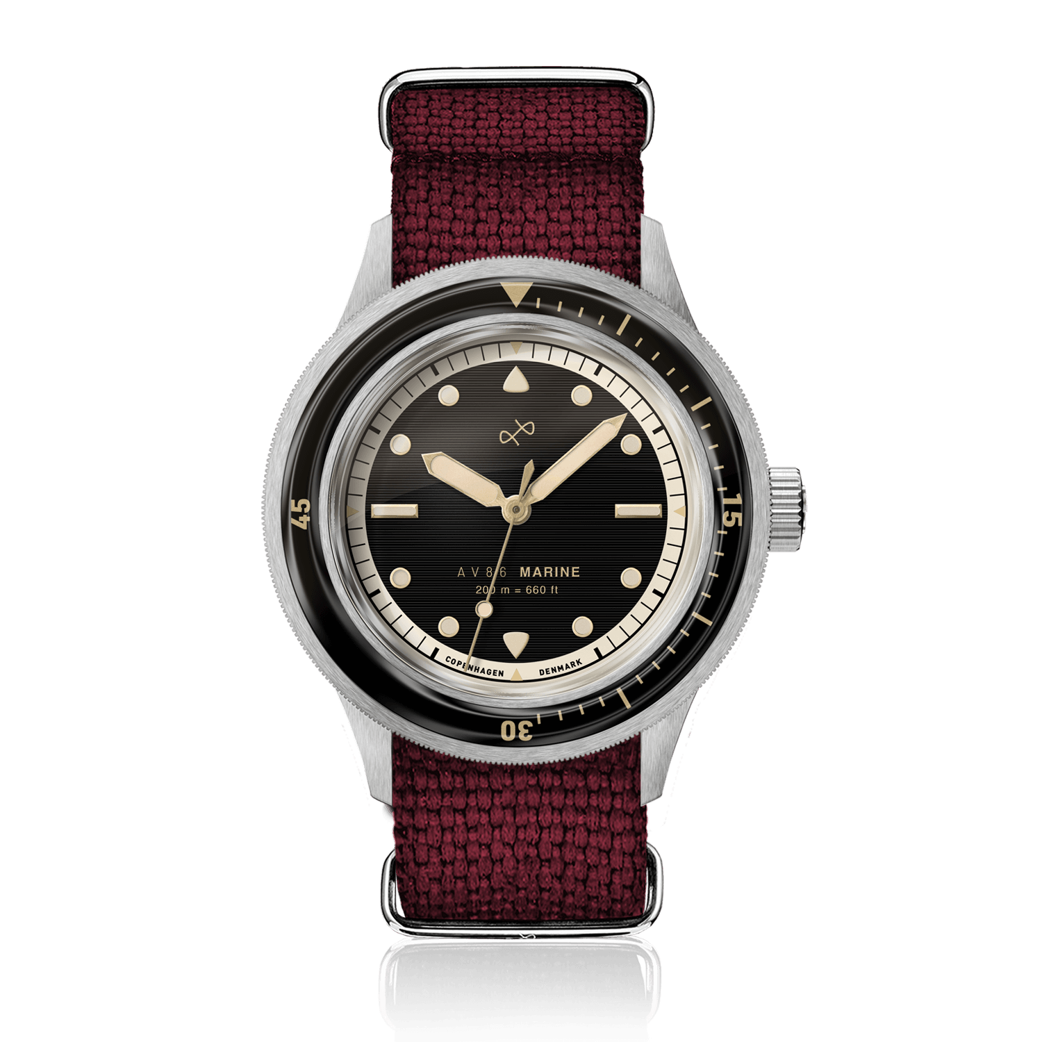 1956 Marine by AV86 vintage-inspired diver with sapphire crystal, rotating bezel, black dial, and textured fabric strap