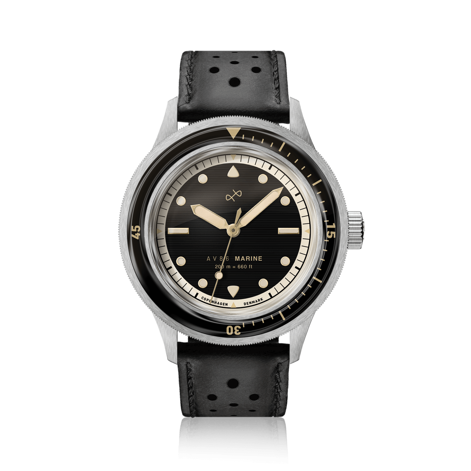1956 Marine by AV86 vintage-inspired diver with sapphire crystal, rotating bezel, black dial, and perforated leather strap