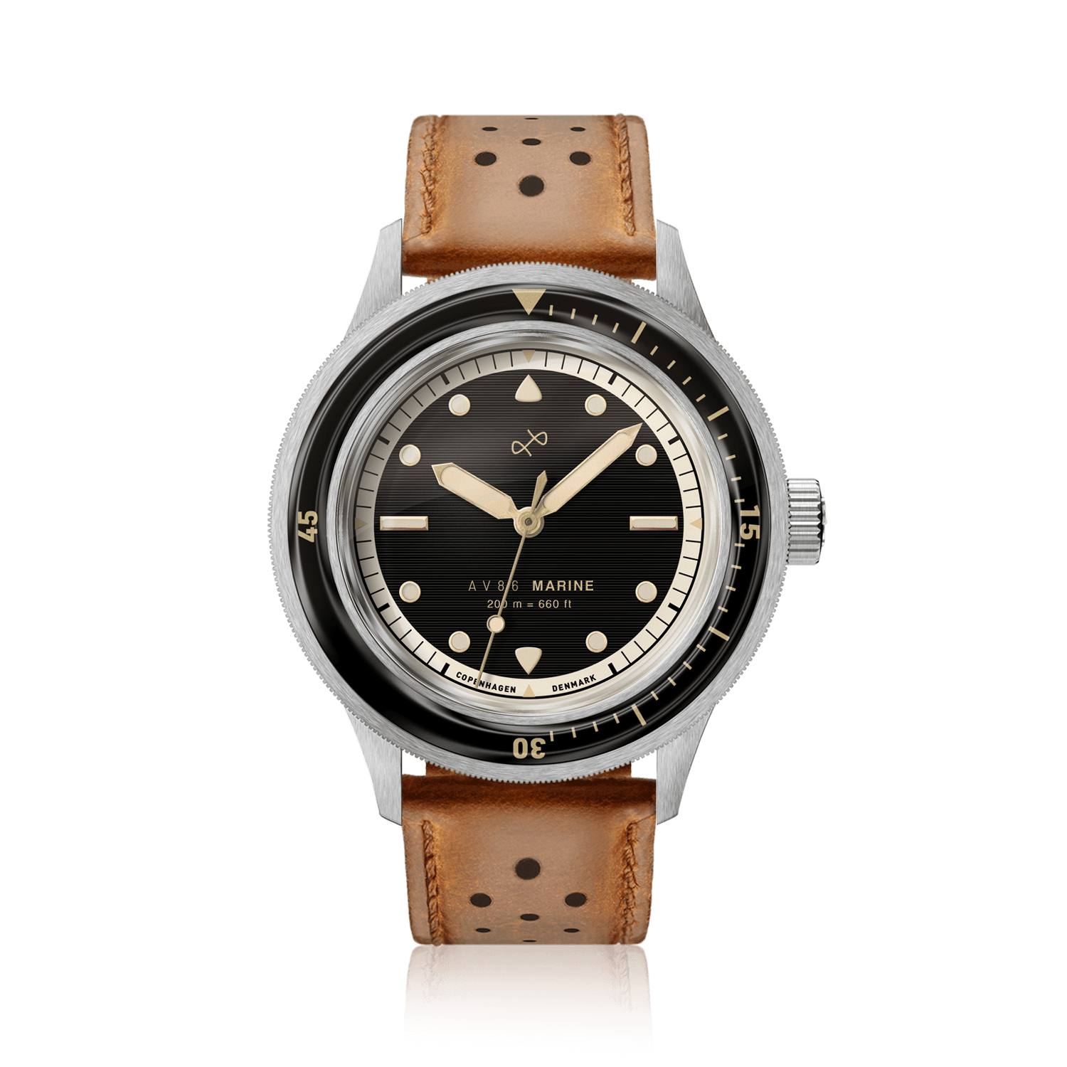1956 Marine by AV86 vintage-inspired diver with sapphire crystal, rotating bezel, black gilt dial, and perforated brown leather strap