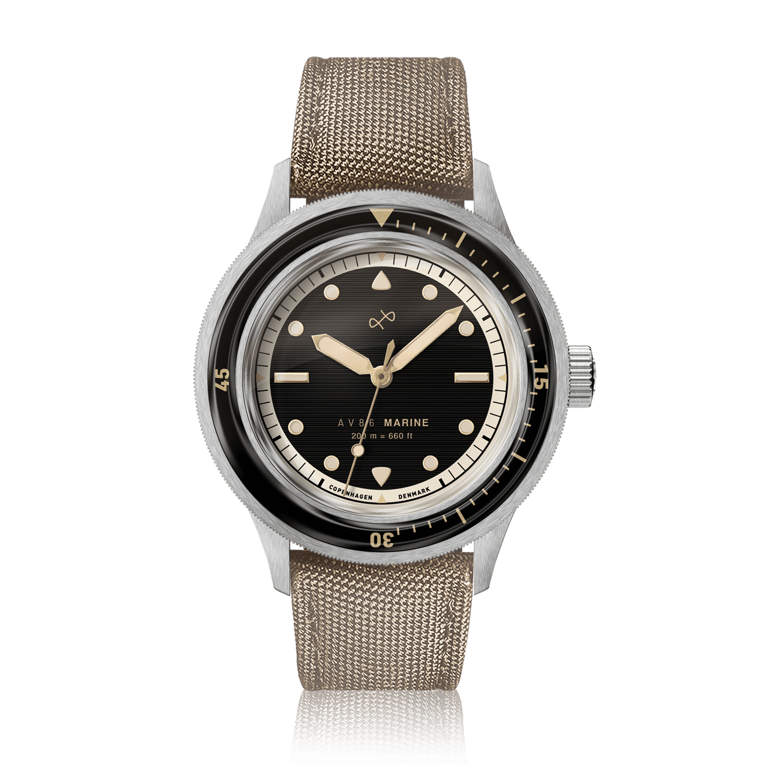 1956 Marine by AV86 vintage-inspired diver watch with sapphire crystal, rotating bezel, and woven fabric strap