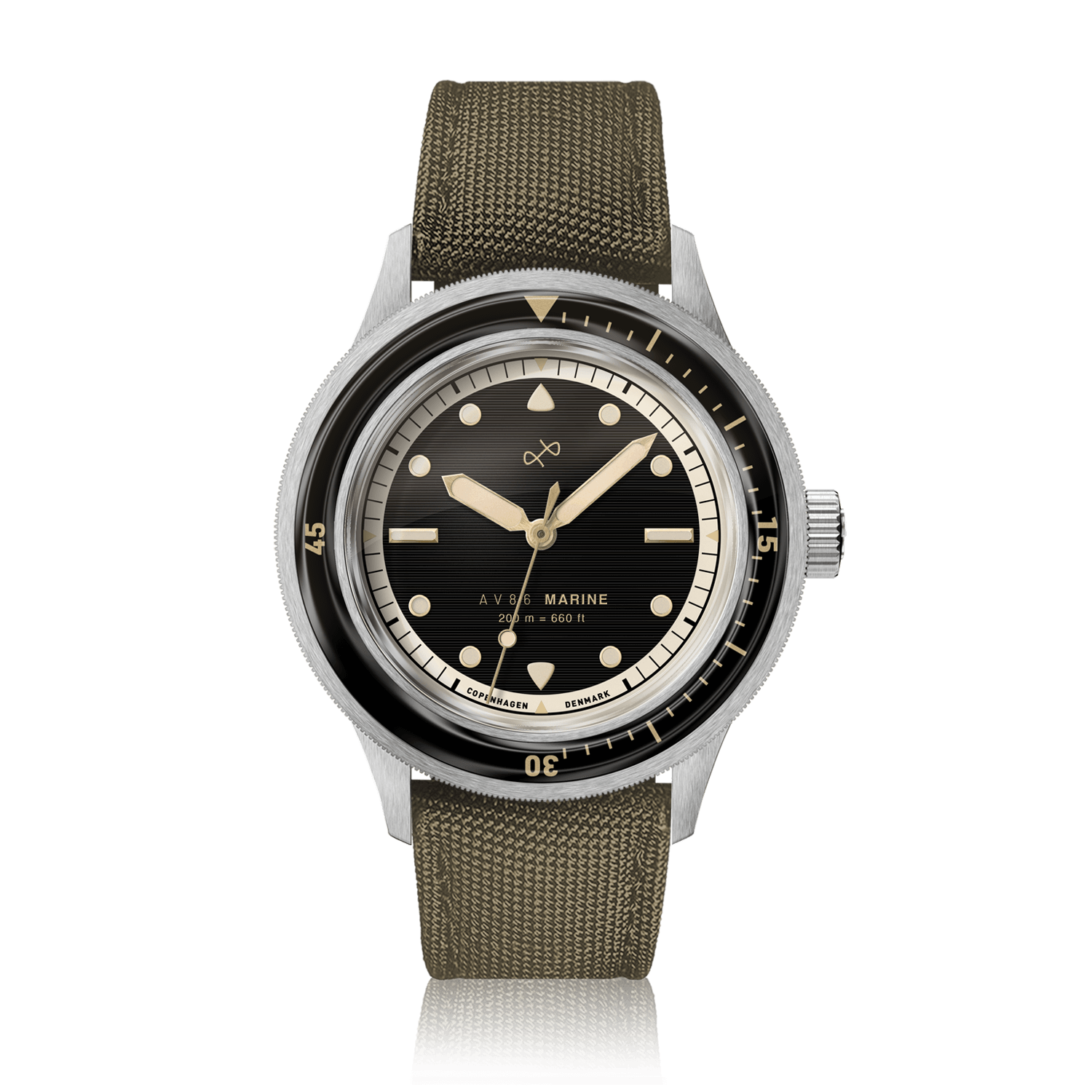 1956 Marine by AV86 vintage-inspired diver watch with sapphire crystal, rotating bezel, and textured fabric strap