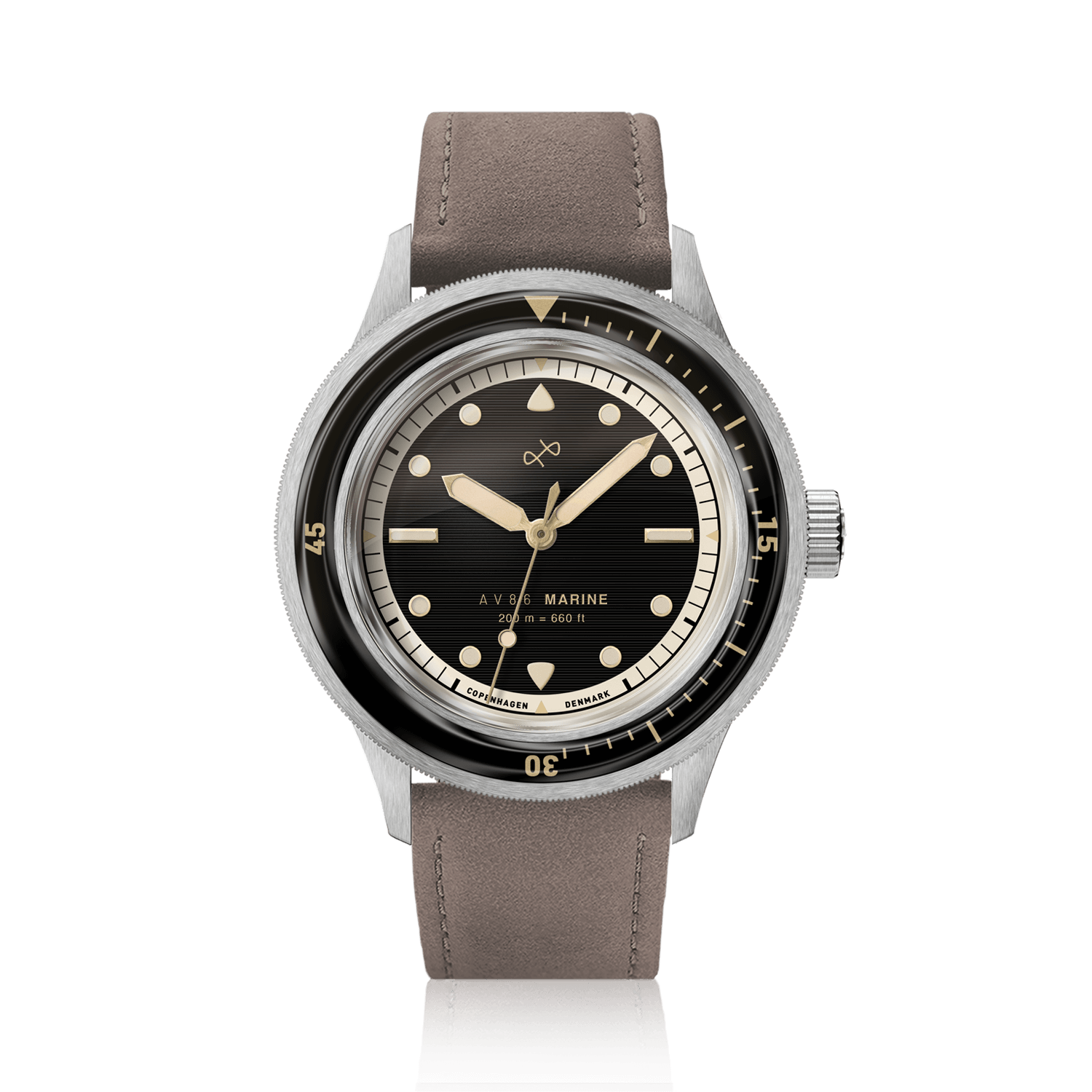 1956 Marine by AV86 vintage-inspired diver with sapphire crystal, rotating bezel, and soft leather strap reflecting Nordic minimalism