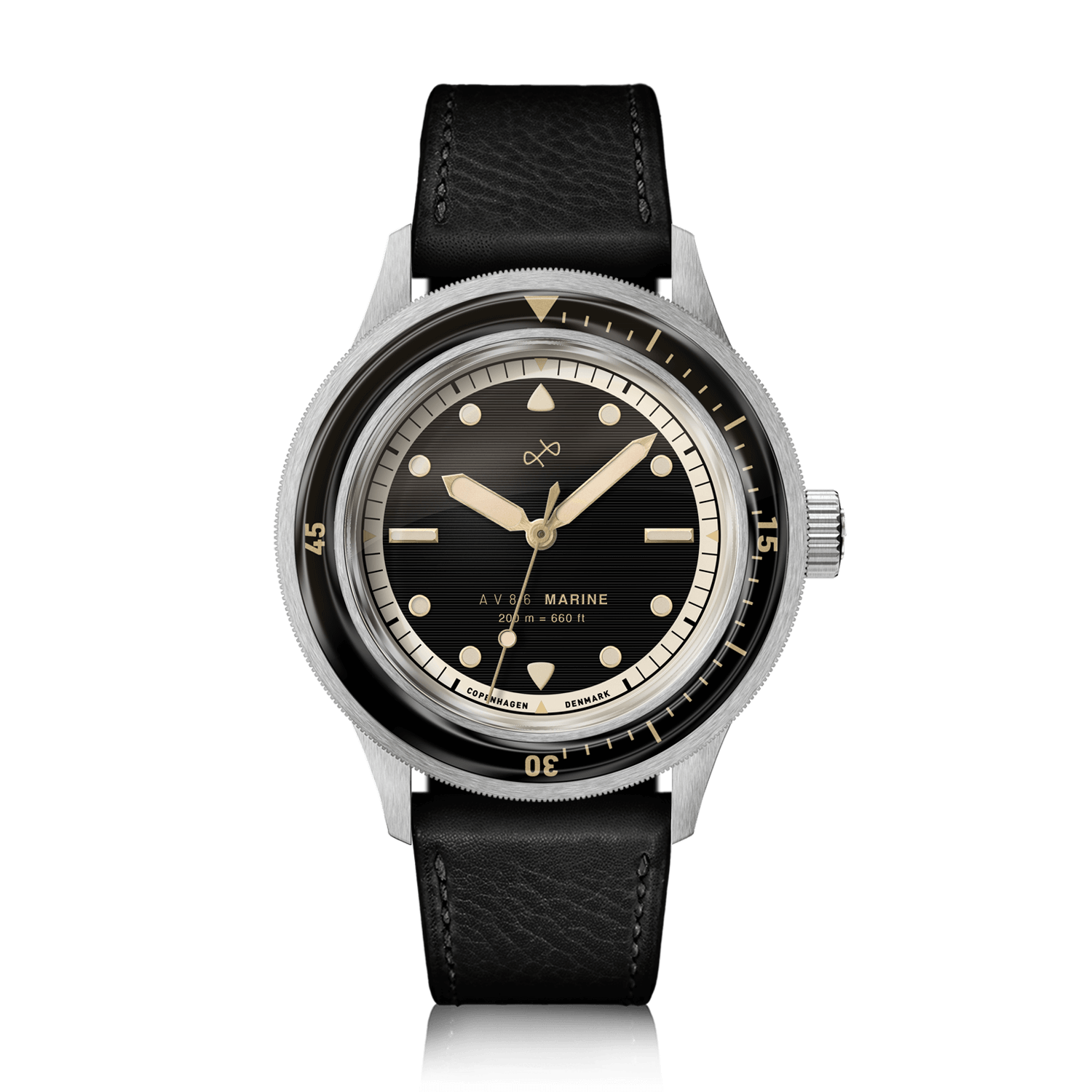 1956 Marine by AV86 vintage-inspired diver with sapphire crystal, rotating bezel, and black leather strap in Danish design style