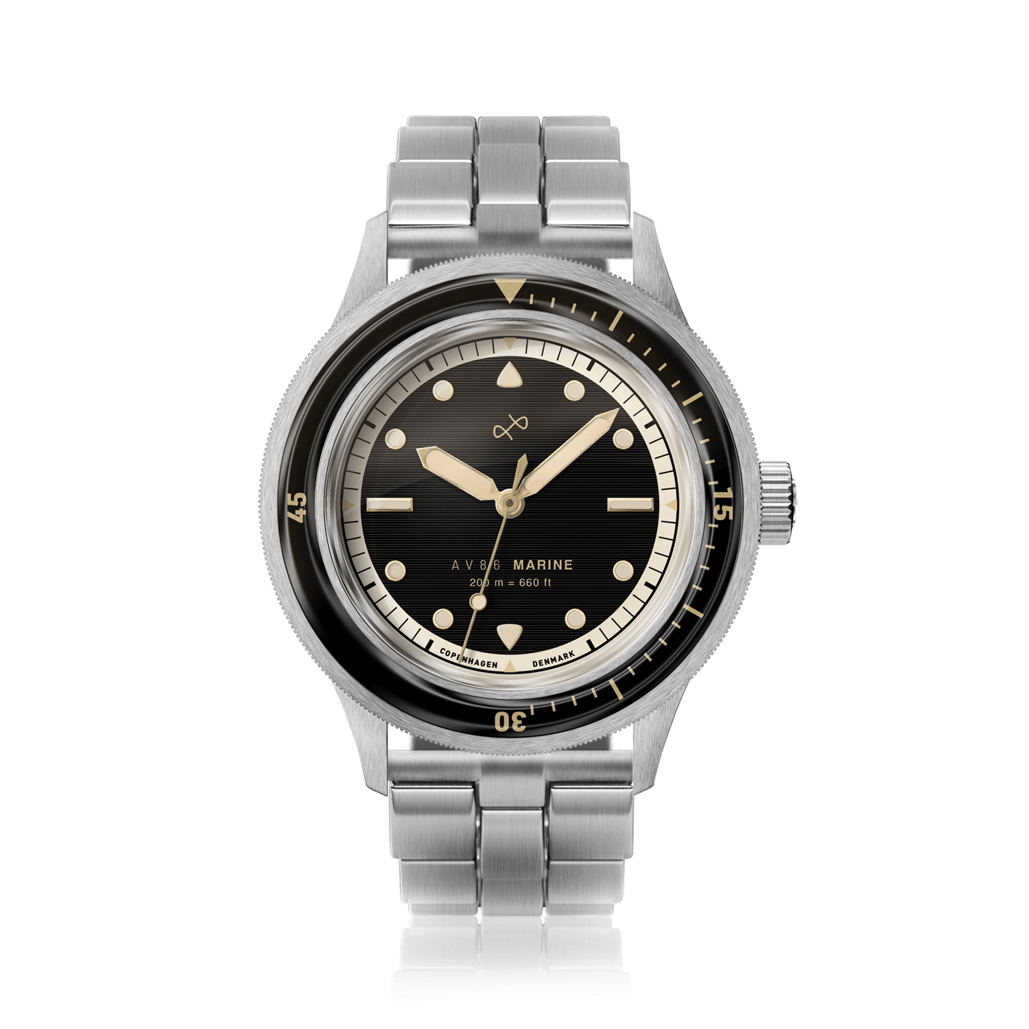 1956 Marine by AV86 luxury vintage-inspired diver with sapphire crystal, unidirectional bezel, and brushed metal bracelet strap