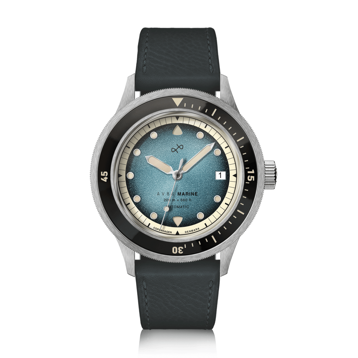 1956 Marine Automatic, Steel / Blue Fade featuring a vintage-inspired blue fade dial and black leather strap by AV86 luxury timepiece